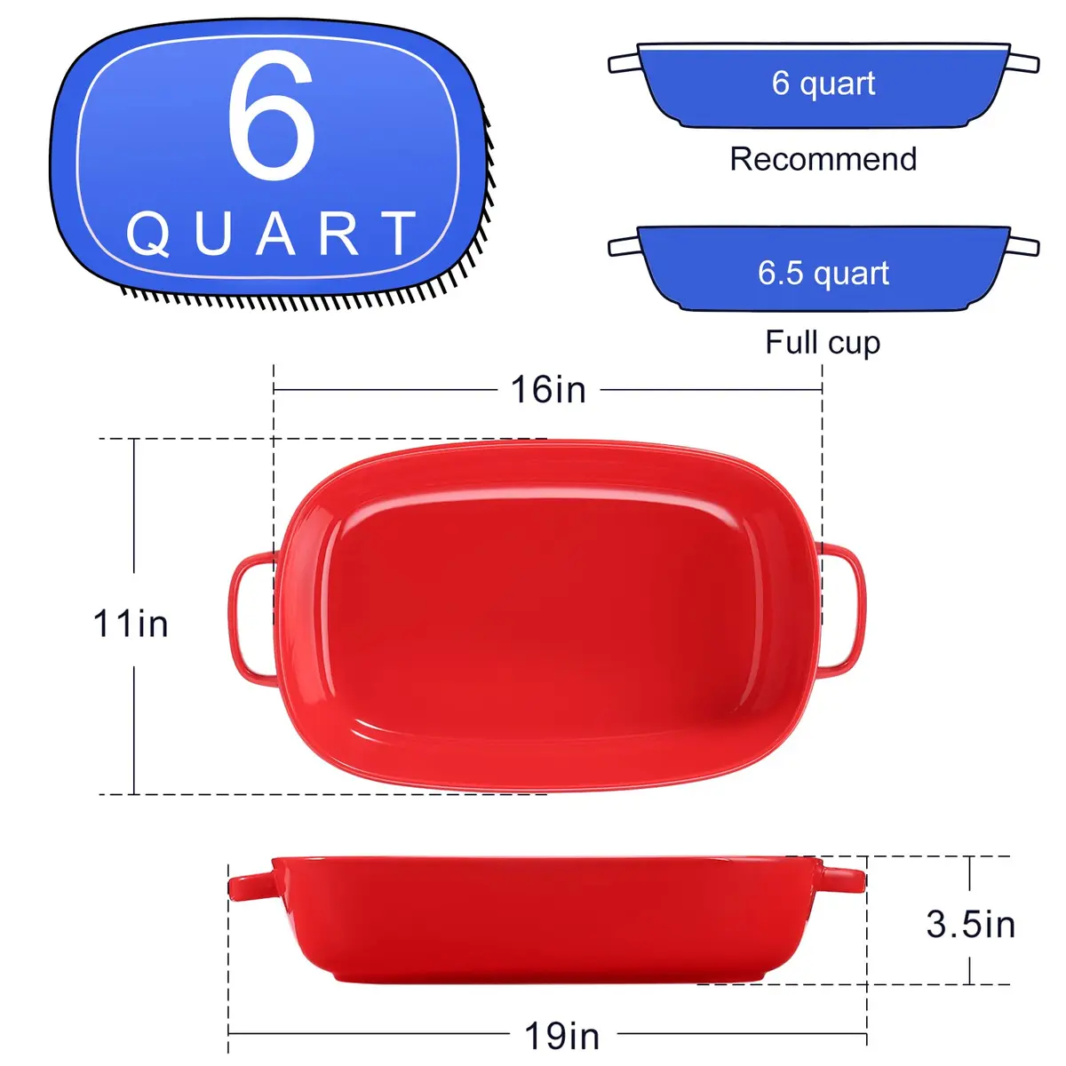 Roeveca 6 Quart Rectangular Ceramic Baking Dish 16x11 Inches | Oven & Microwave Safe, Dishwasher Friendly, Red - view 4