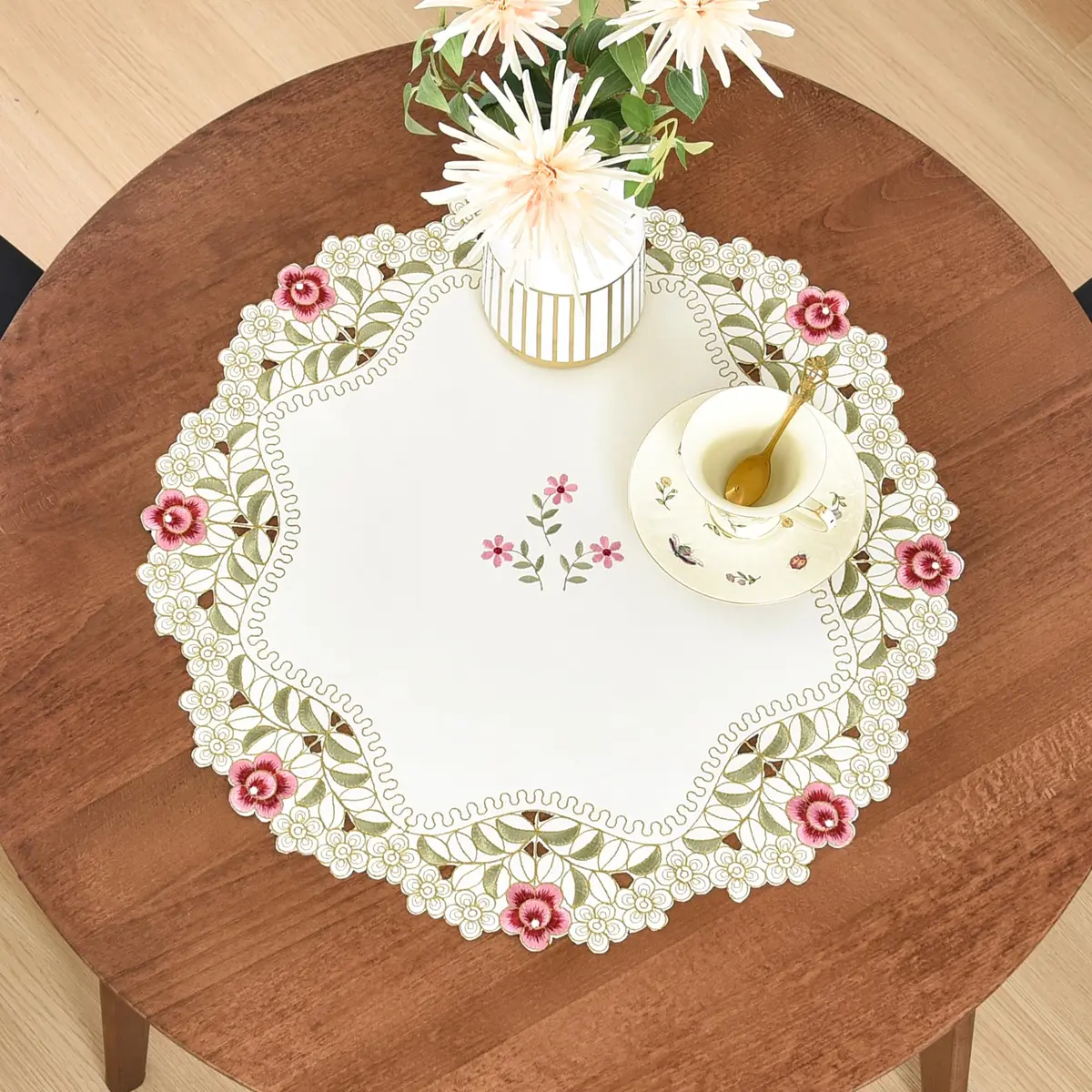 Wolkemer 2 Pack Round Doily Embroidered Tablecloth 51cm (20 inch) | Jacquard Floral Style for Dining & Parties - main product image