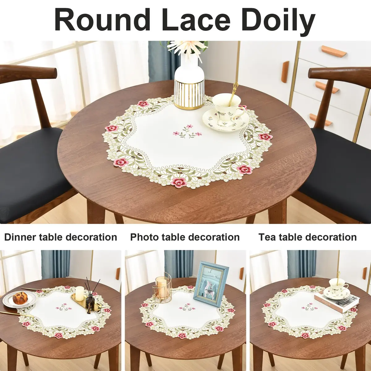 Wolkemer 2 Pack Round Doily Embroidered Tablecloth 51cm (20 inch) | Jacquard Floral Style for Dining & Parties - view 5