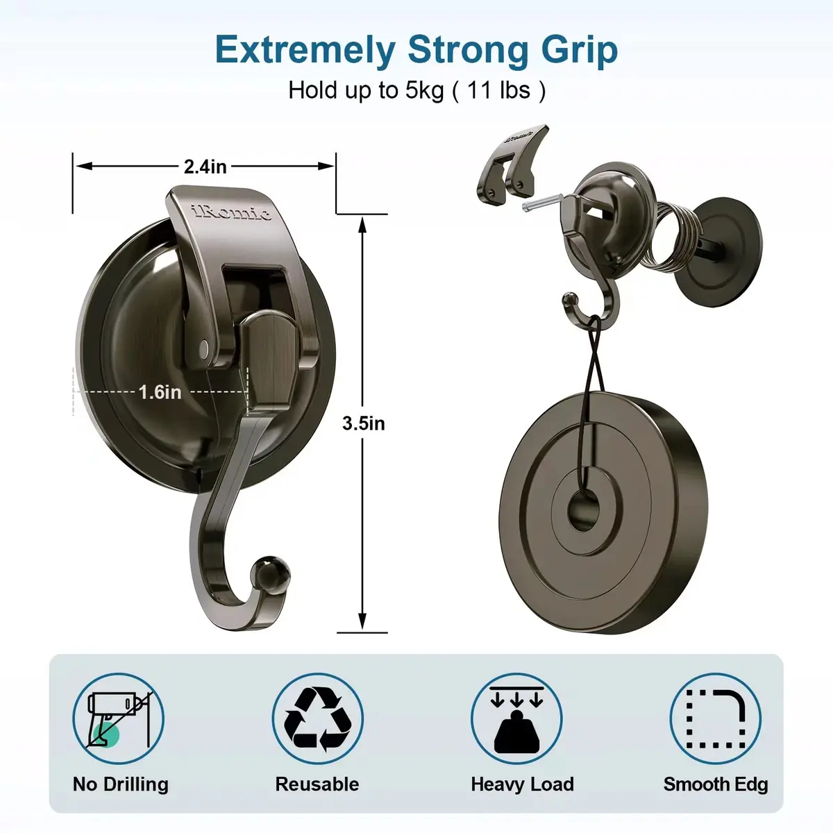 iRomic Heavy Duty Vacuum Suction Cup Hooks (2-Pack, Green Bronze) | Damage-Free Wall Organization - view 3