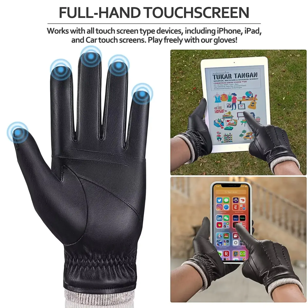 MAGILINK Men's Leather Gloves Touchscreen Texting, Winter Gloves with Thermal Wool Fleece Lined, Black Small | 0.09 kg (0.2 lb) - view 3