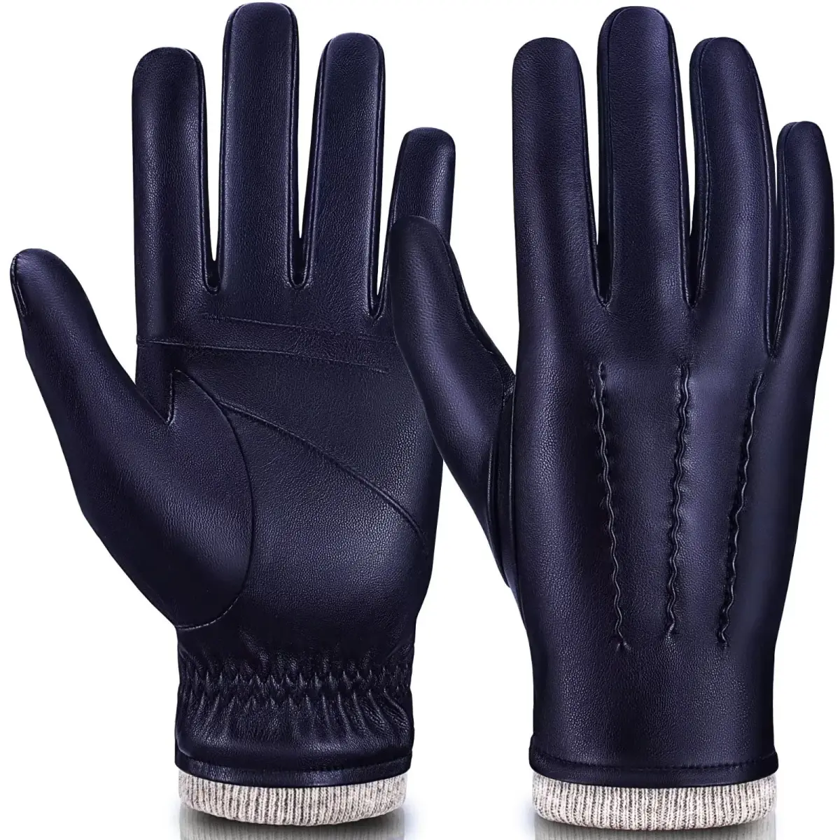 MAGILINK Men's Leather Gloves Touchscreen Texting, Winter Gloves with Warm Thermal Wool Fleece Lined, Driving Gloves for Men (Navy, Small) | Anti-slip Grip & 360° Touchscreen - main product image