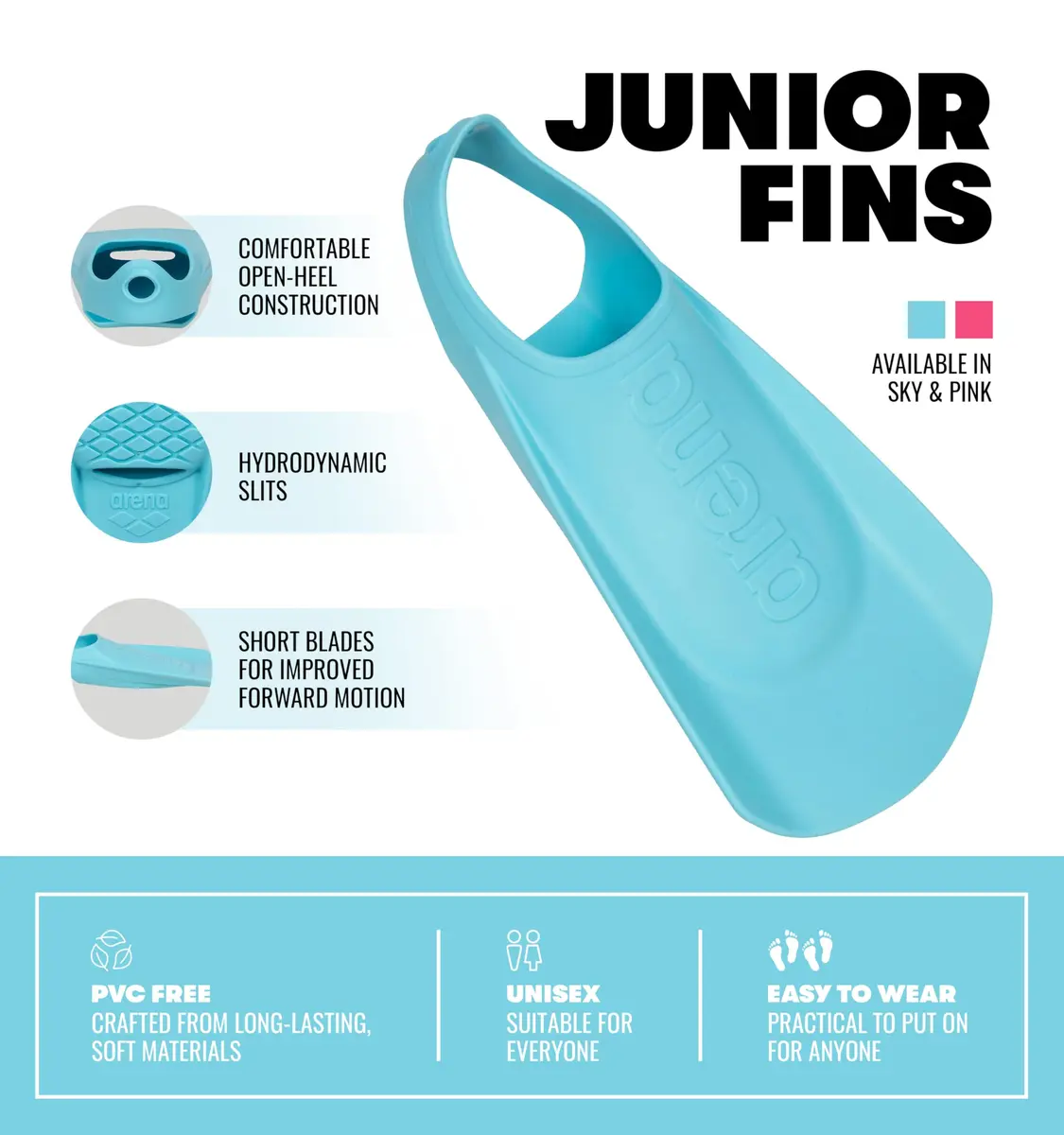 Arena Kids Swim Fins Size 1.5-2 US | Hydrodynamic Open Heel Youth Flippers - view 3