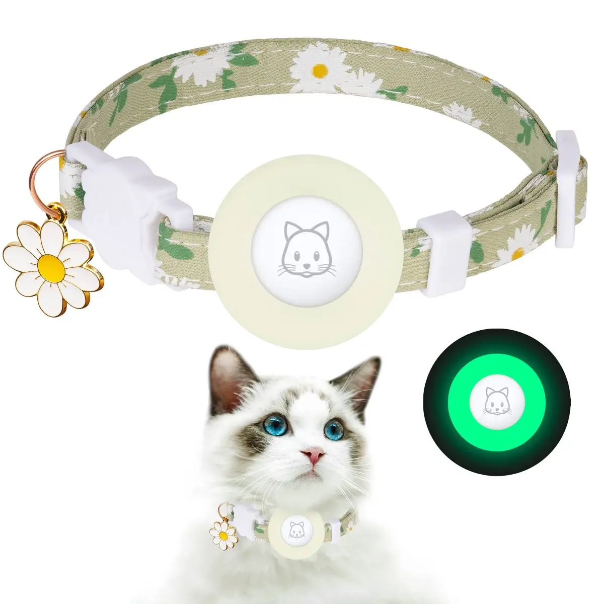 JXFUKAL Breakaway Cat Collar with AirTag Holder, Bells & Flower Charm, Luminous Green, 18-30 cm (7.1-11.8 in) - main product image