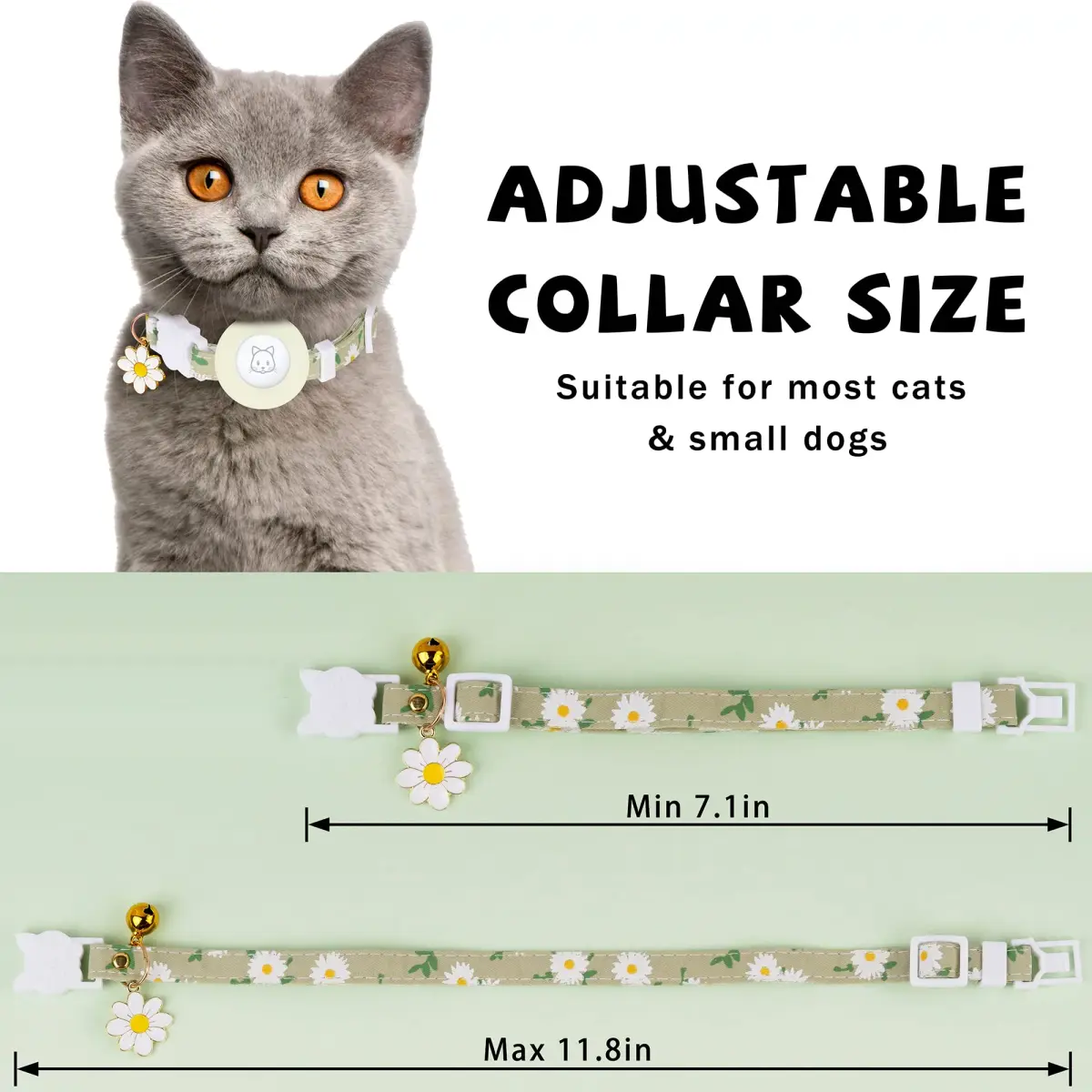 JXFUKAL Breakaway Cat Collar with AirTag Holder, Bells & Flower Charm, Luminous Green, 18-30 cm (7.1-11.8 in) - view 2