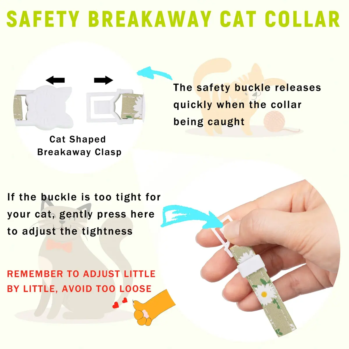 JXFUKAL Breakaway Cat Collar with AirTag Holder, Bells & Flower Charm, Luminous Green, 18-30 cm (7.1-11.8 in) - view 4