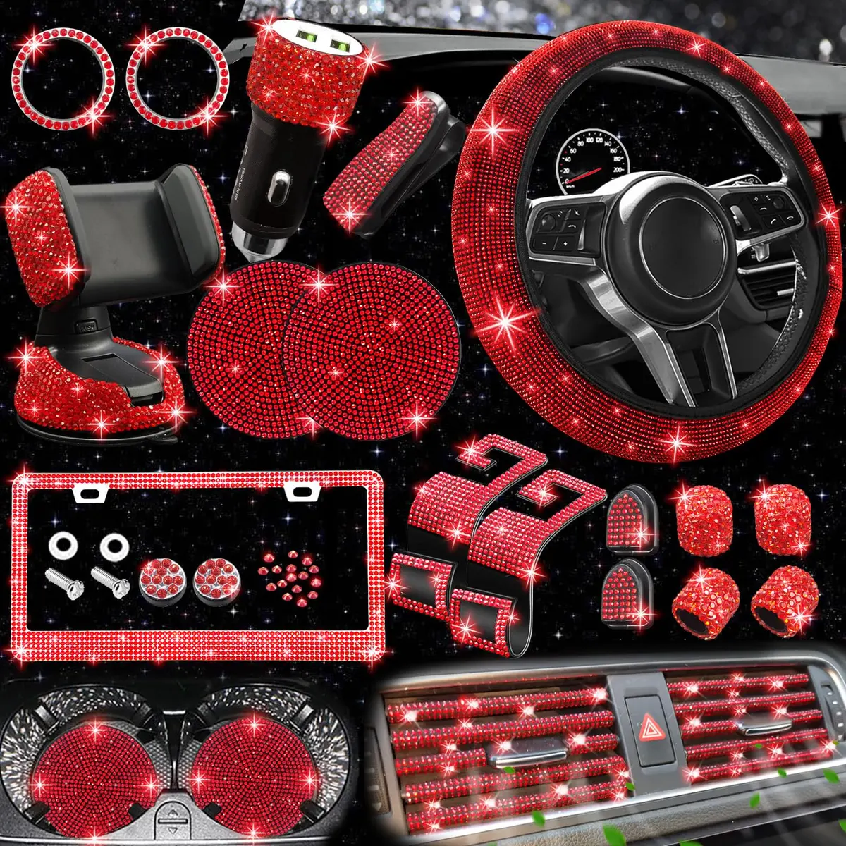 NBTEPEM 27 pcs Red Bling Car Accessories Set for Women | Universal Fit 15 Inch | Sparkling Rhinestone Decor - main product image