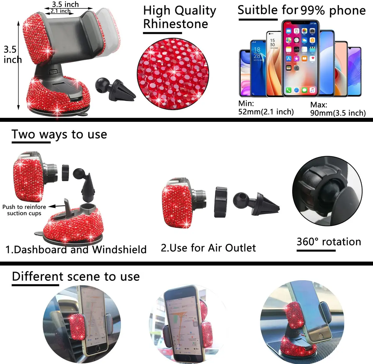 NBTEPEM 27 pcs Red Bling Car Accessories Set for Women | Universal Fit 15 Inch | Sparkling Rhinestone Decor - view 5