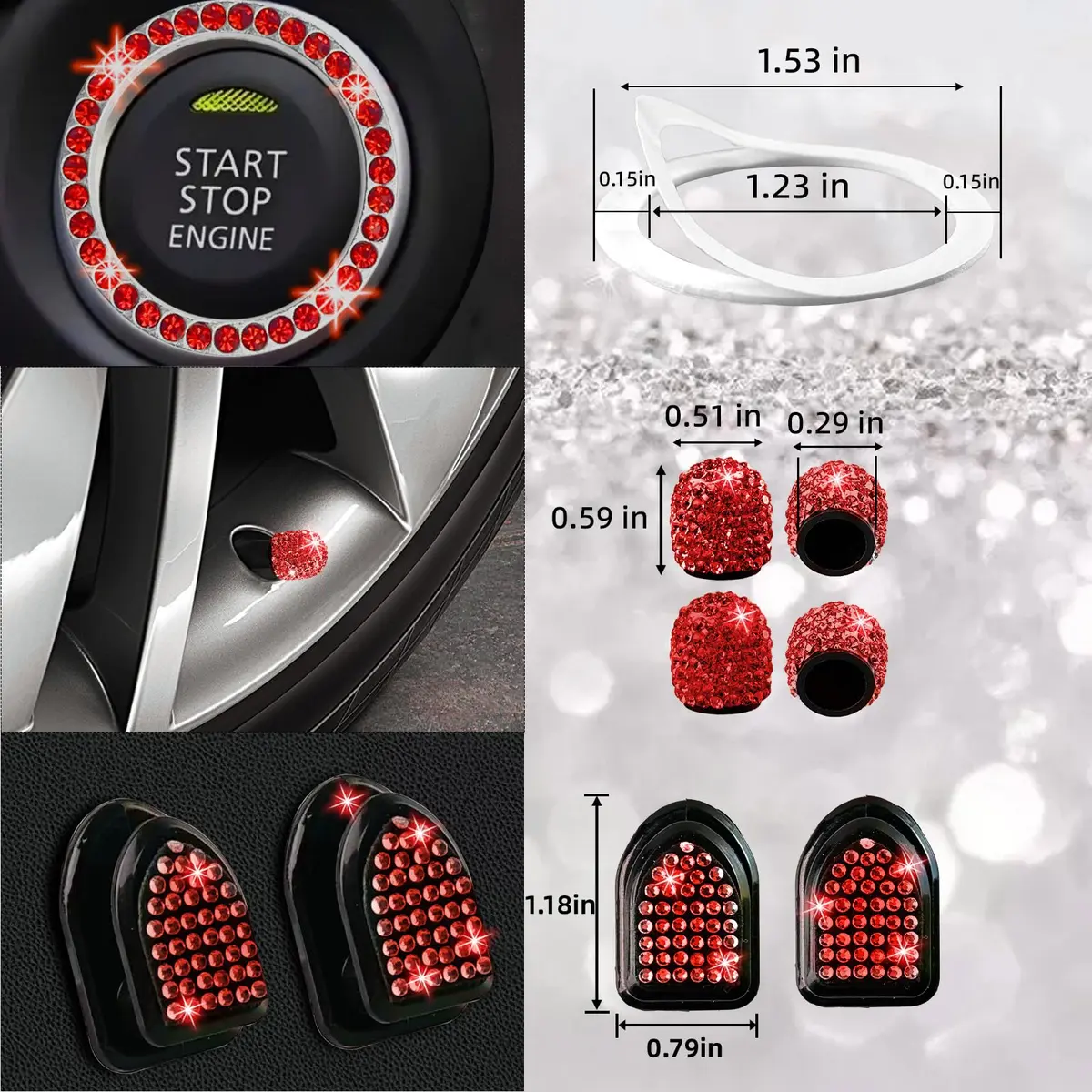 NBTEPEM 27 pcs Red Bling Car Accessories Set for Women | Universal Fit 15 Inch | Sparkling Rhinestone Decor - view 8