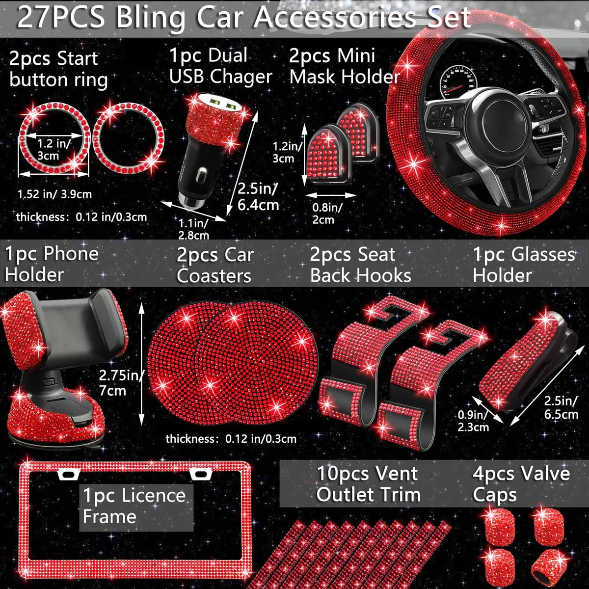 NBTEPEM 27 pcs Red Bling Car Accessories Set for Women | Universal Fit 15 Inch | Sparkling Rhinestone Decor - view 2