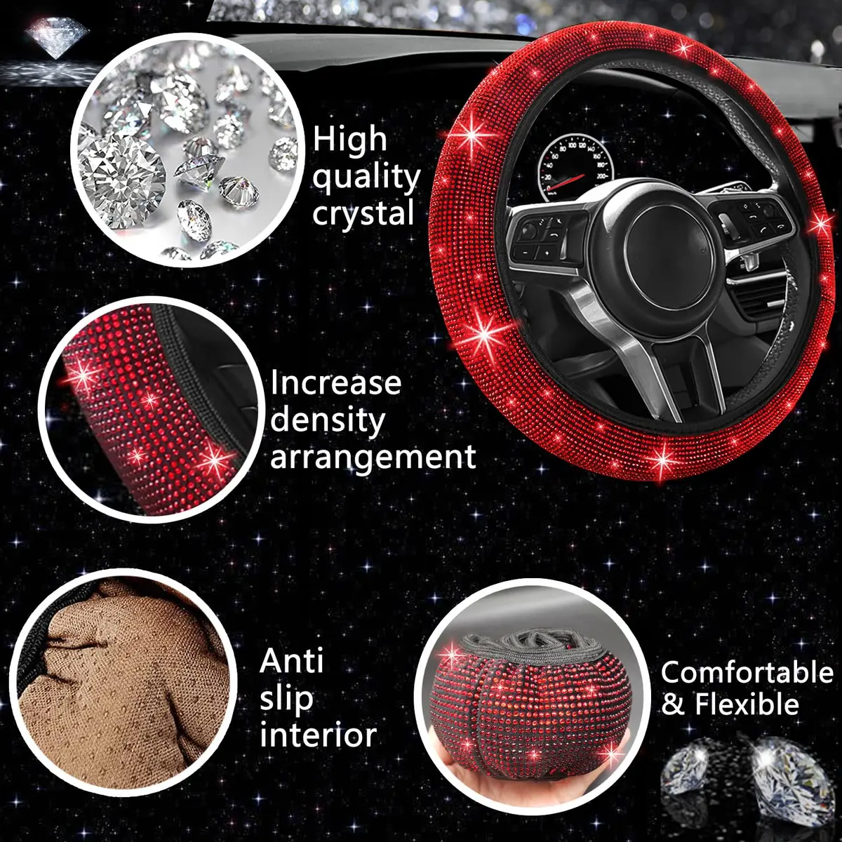 NBTEPEM 27 pcs Red Bling Car Accessories Set for Women | Universal Fit 15 Inch | Sparkling Rhinestone Decor - view 3