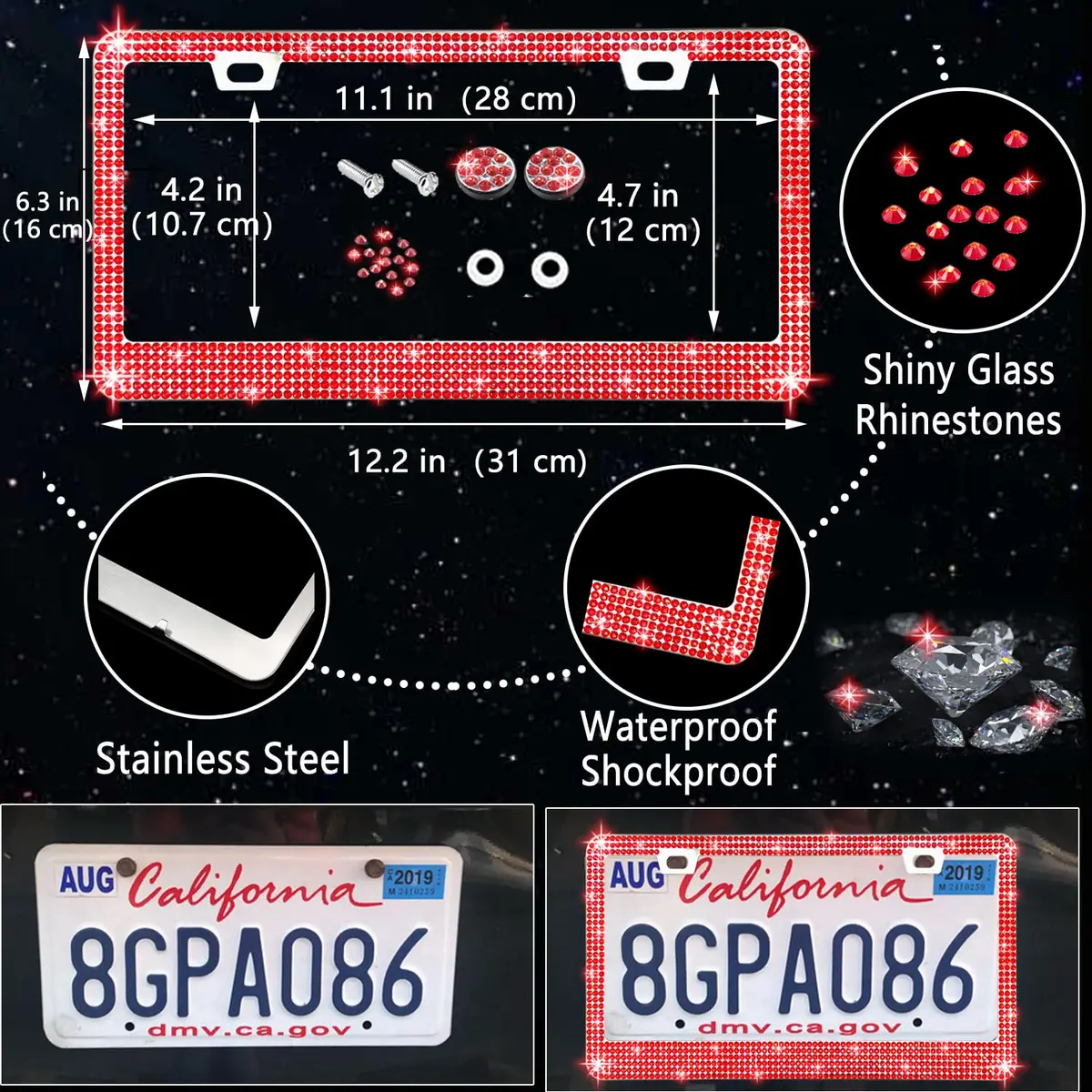 NBTEPEM 27 pcs Red Bling Car Accessories Set for Women | Universal Fit 15 Inch | Sparkling Rhinestone Decor - view 4