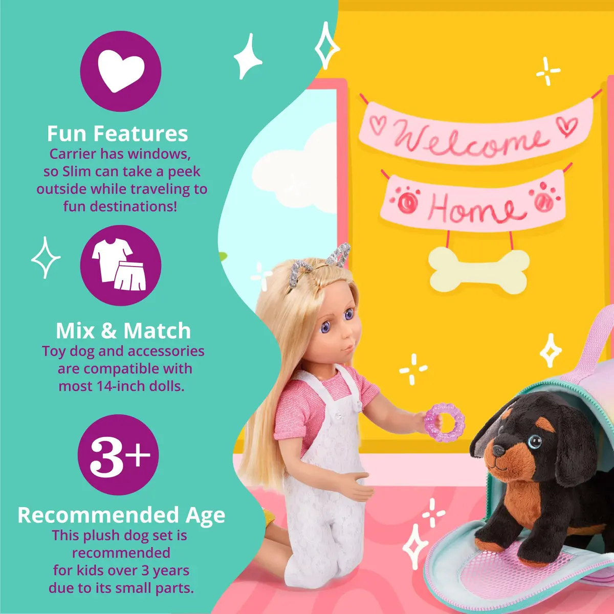 Glitter Girls Slim & Pup Carrier Set with Teckel Puppy Plush Toy 17.78cm (7 inch) | ASTM-Tested Toy for Kids 3+ Years - view 4