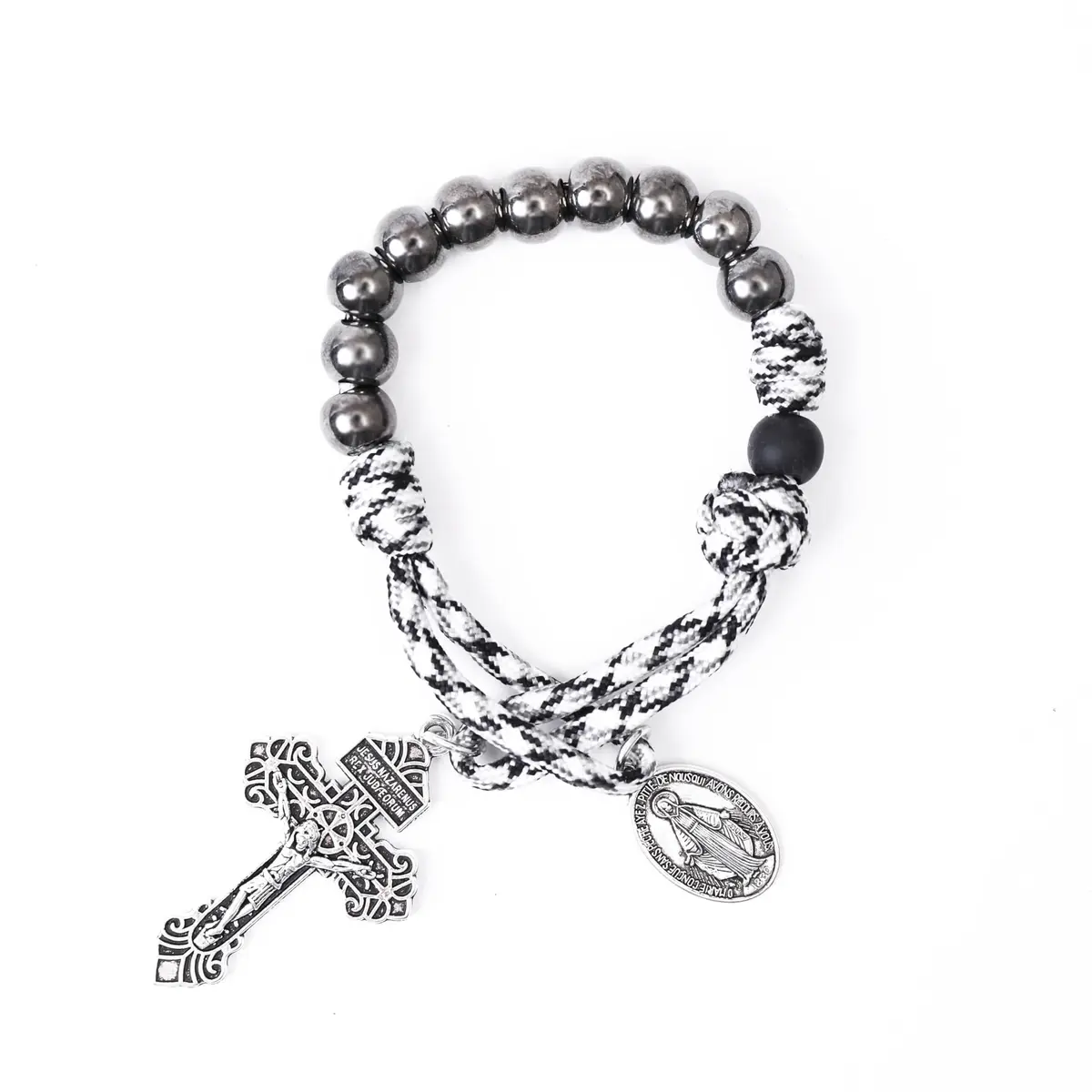 Nazareth Store Black & White Paracord Rosary 28.5cm (11.22") with Miraculous Medal & Jesus Crucifix | Durable Pocket Rosary for Travelers - main product image