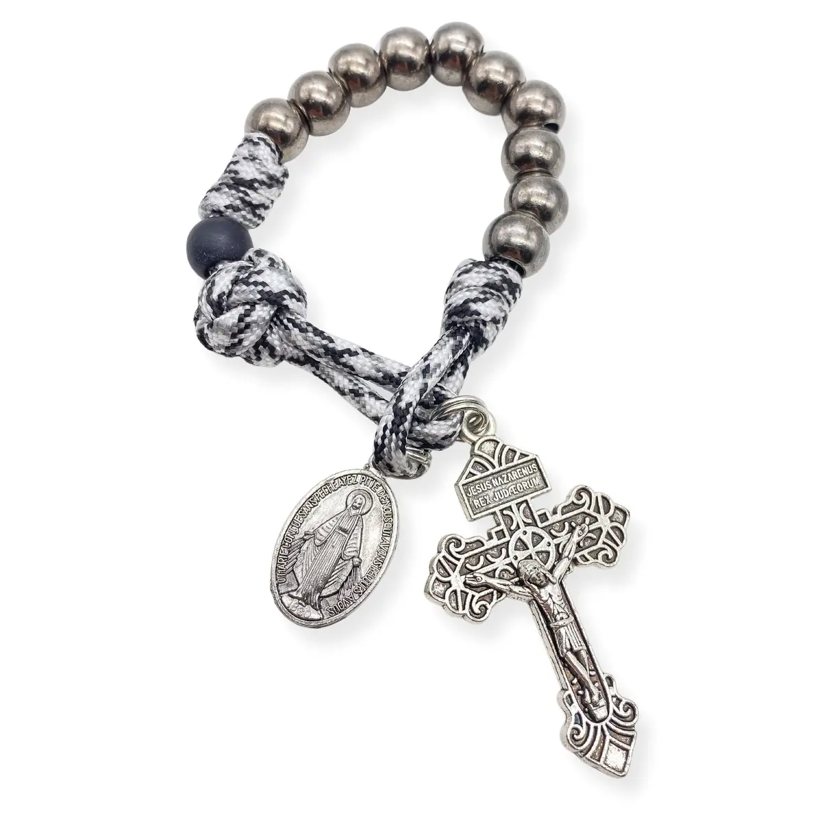 Nazareth Store Black & White Paracord Rosary 28.5cm (11.22") with Miraculous Medal & Jesus Crucifix | Durable Pocket Rosary for Travelers - view 5
