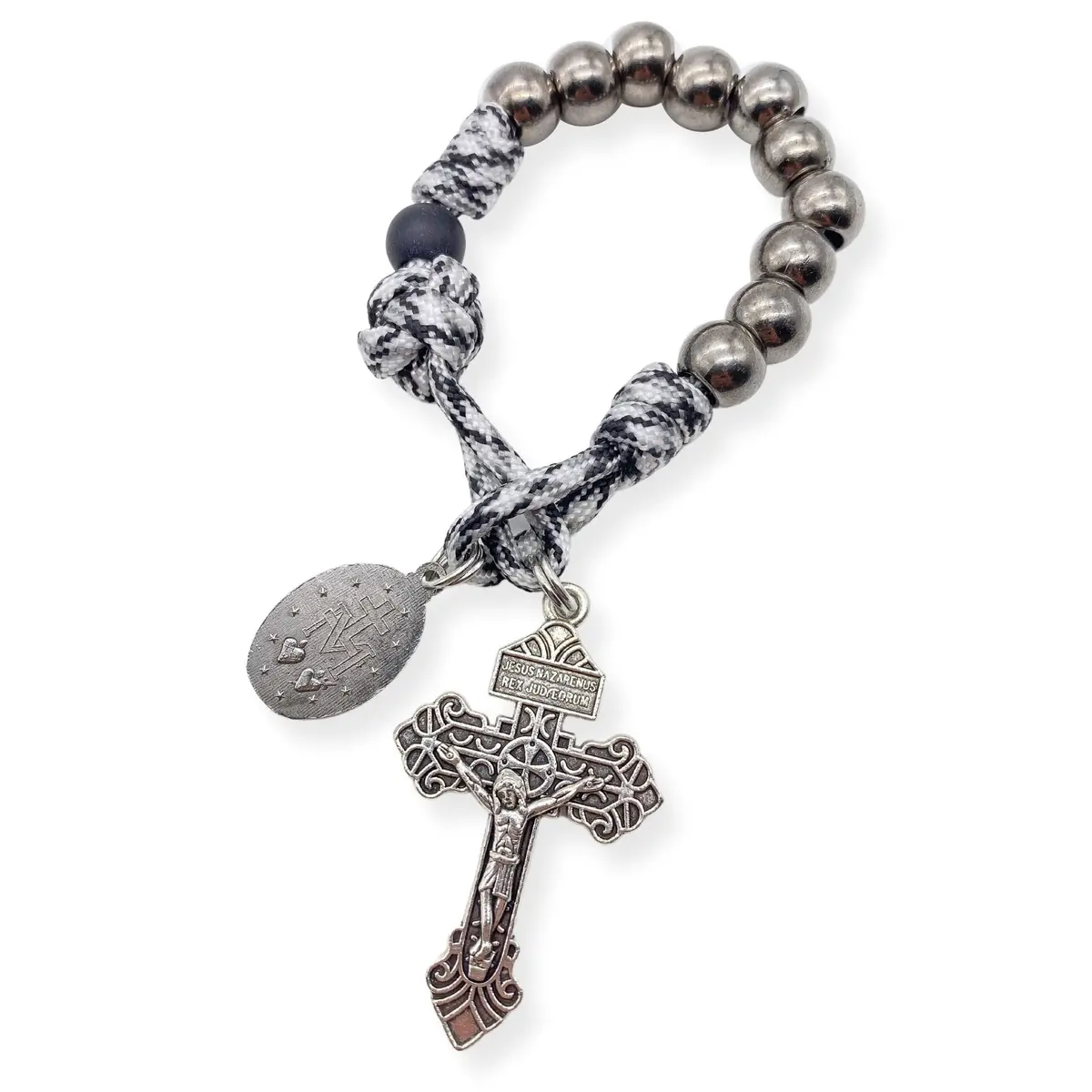 Nazareth Store Black & White Paracord Rosary 28.5cm (11.22") with Miraculous Medal & Jesus Crucifix | Durable Pocket Rosary for Travelers - view 6