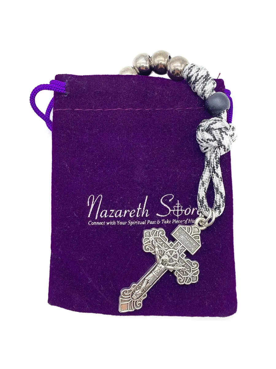 Nazareth Store Black & White Paracord Rosary 28.5cm (11.22") with Miraculous Medal & Jesus Crucifix | Durable Pocket Rosary for Travelers - view 7
