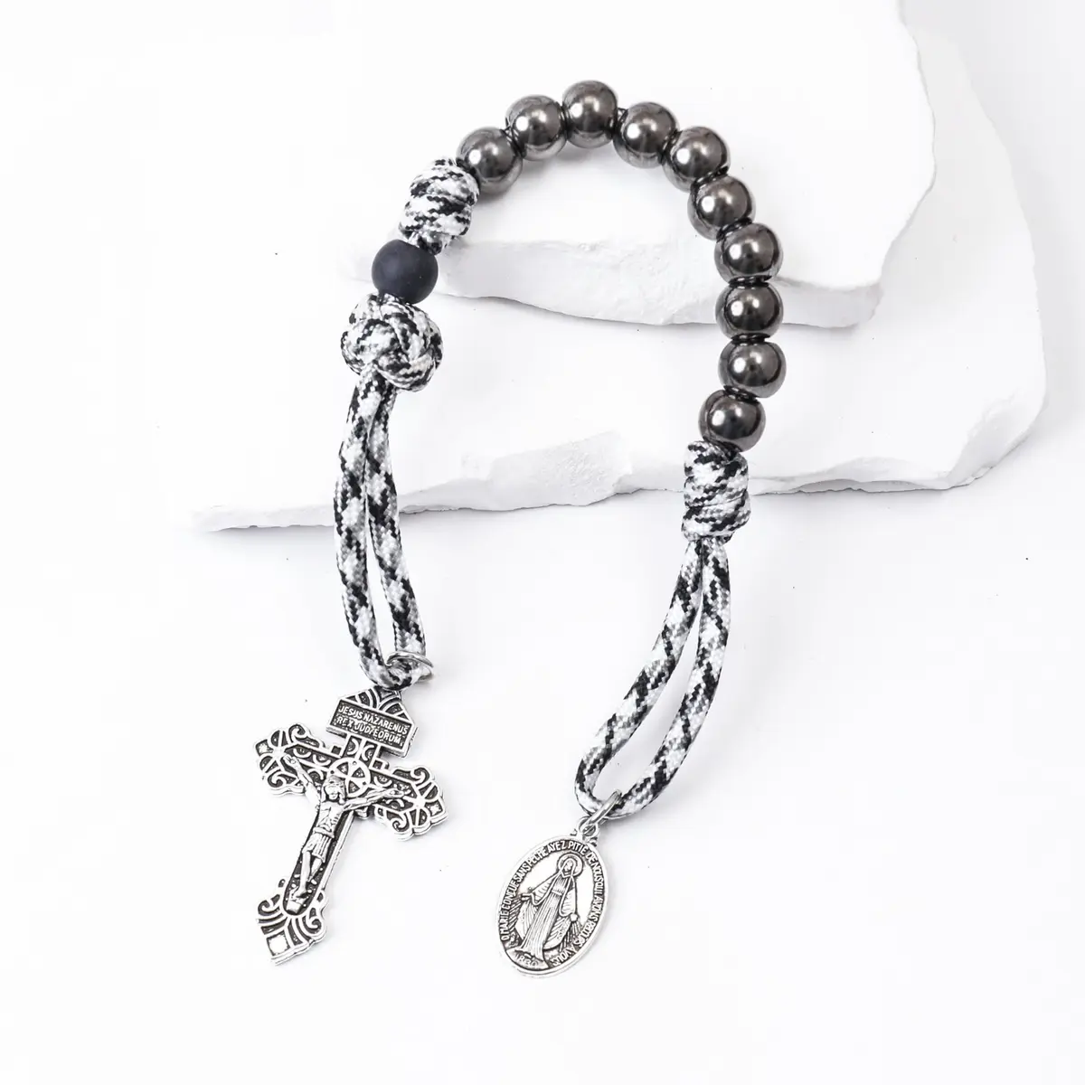 Nazareth Store Black & White Paracord Rosary 28.5cm (11.22") with Miraculous Medal & Jesus Crucifix | Durable Pocket Rosary for Travelers - view 2