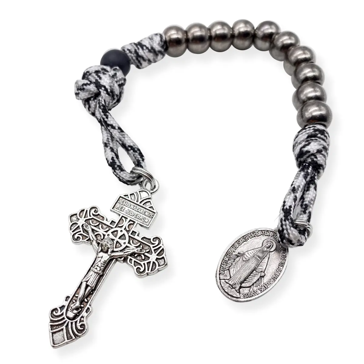 Nazareth Store Black & White Paracord Rosary 28.5cm (11.22") with Miraculous Medal & Jesus Crucifix | Durable Pocket Rosary for Travelers - view 3