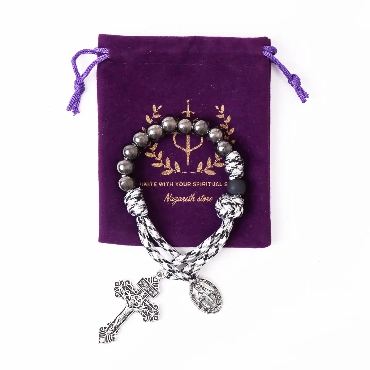 Nazareth Store Black & White Paracord Rosary 28.5cm (11.22") with Miraculous Medal & Jesus Crucifix | Durable Pocket Rosary for Travelers - view 4