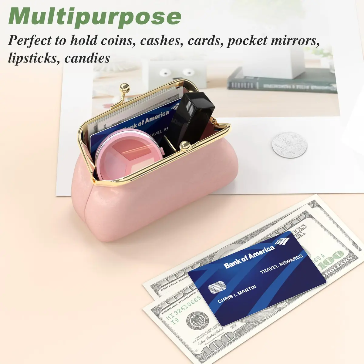 Nipichsha Coin Purse Pink | PU Leather Wallet with Kiss Lock (5.3 x 4.5 inch) - view 6