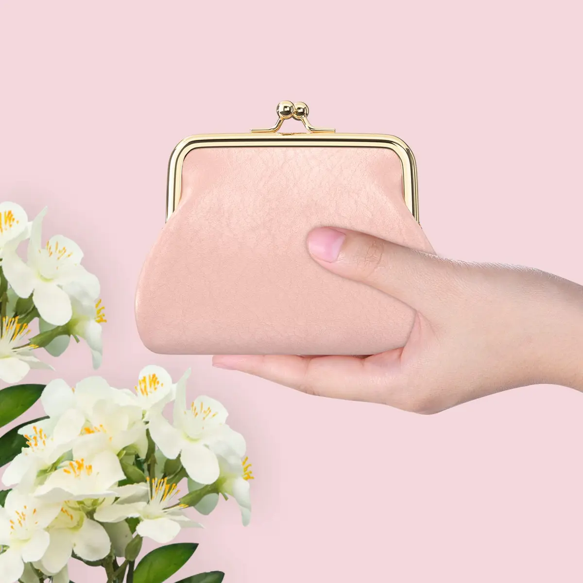 Nipichsha Coin Purse Pink | PU Leather Wallet with Kiss Lock (5.3 x 4.5 inch) - view 2