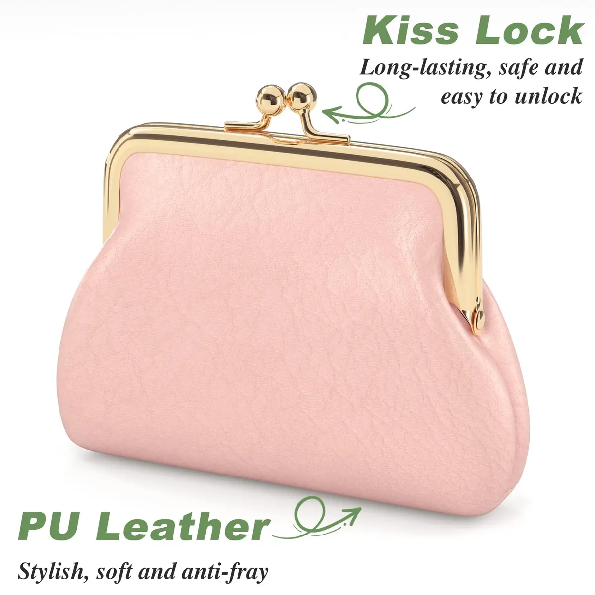 Nipichsha Coin Purse Pink | PU Leather Wallet with Kiss Lock (5.3 x 4.5 inch) - view 4