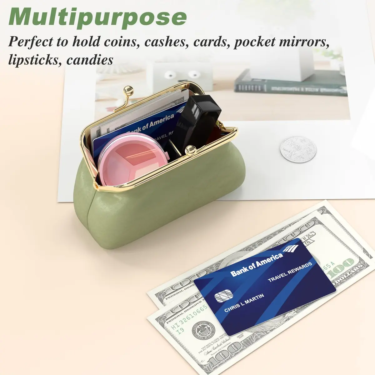 Nipichsha Small PU Leather Coin Purse with Kiss Lock Clasp, 13.5cm (5.3 Inch) | Green - view 6