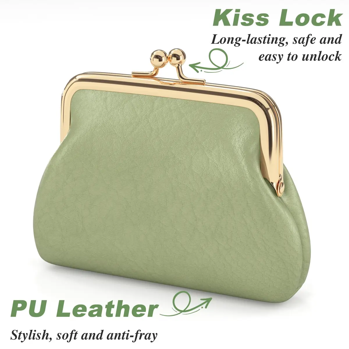 Nipichsha Small PU Leather Coin Purse with Kiss Lock Clasp, 13.5cm (5.3 Inch) | Green - view 4