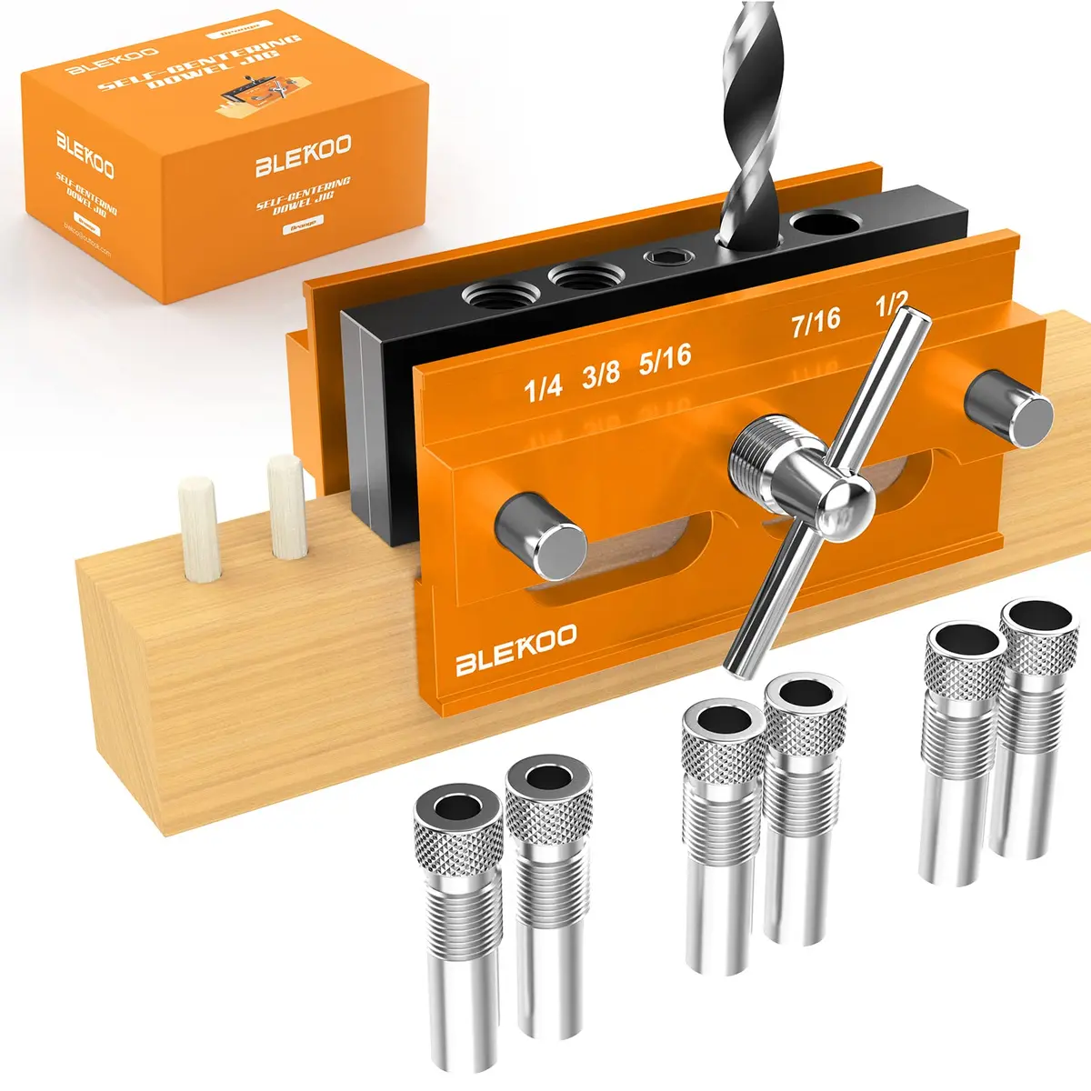 blekoo Self Centering Doweling Jig Kit with 6 Drill Bushings, Adjustable Width Drilling Guide | Aircraft Grade Aluminium Alloy - main product image
