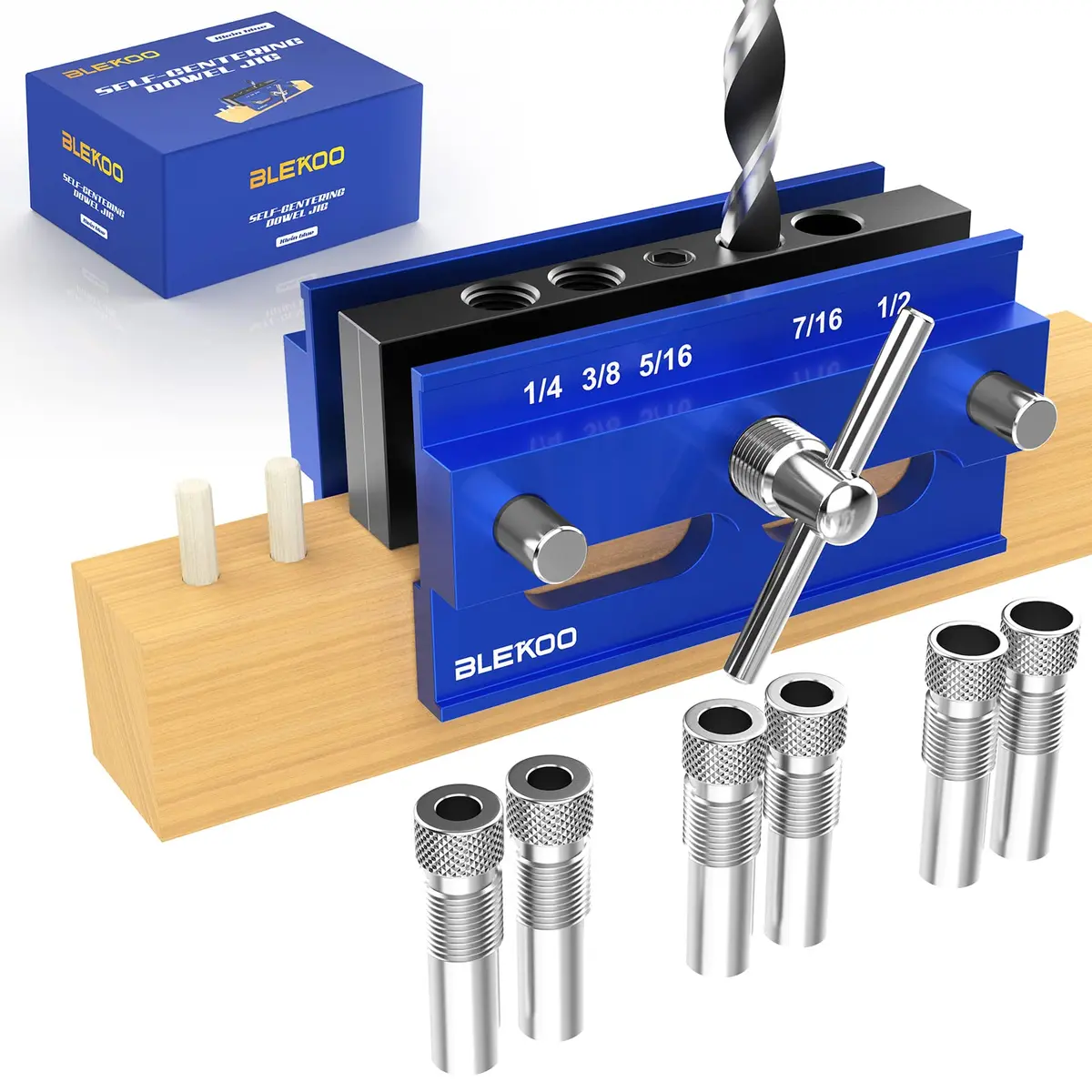 blekoo Self Centering Doweling Jig Kit with 6 Drill Guide Bushings, Blue | Precision Woodworking Tool for Straight Holes - main product image