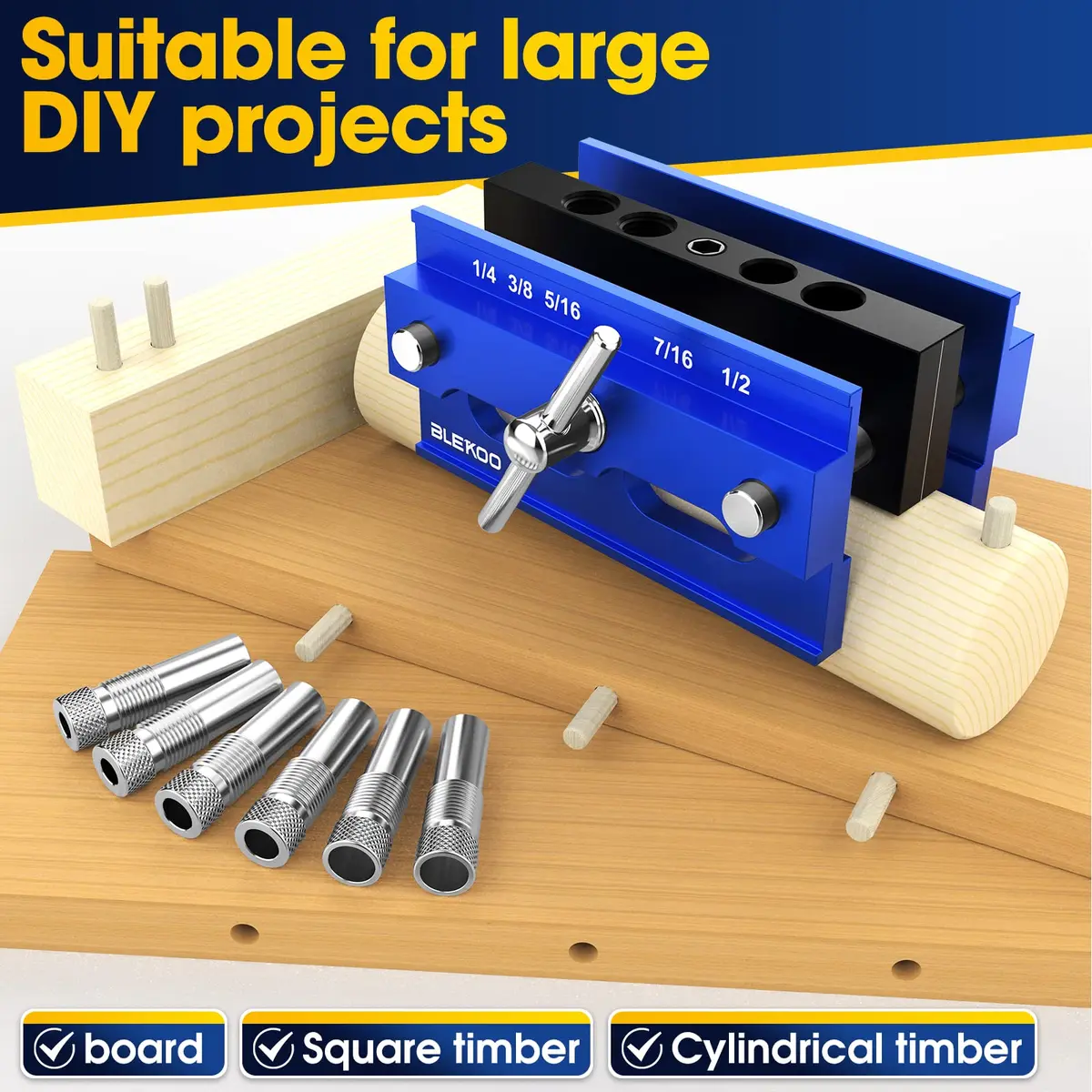 blekoo Self Centering Doweling Jig Kit with 6 Drill Guide Bushings, Blue | Precision Woodworking Tool for Straight Holes - view 6