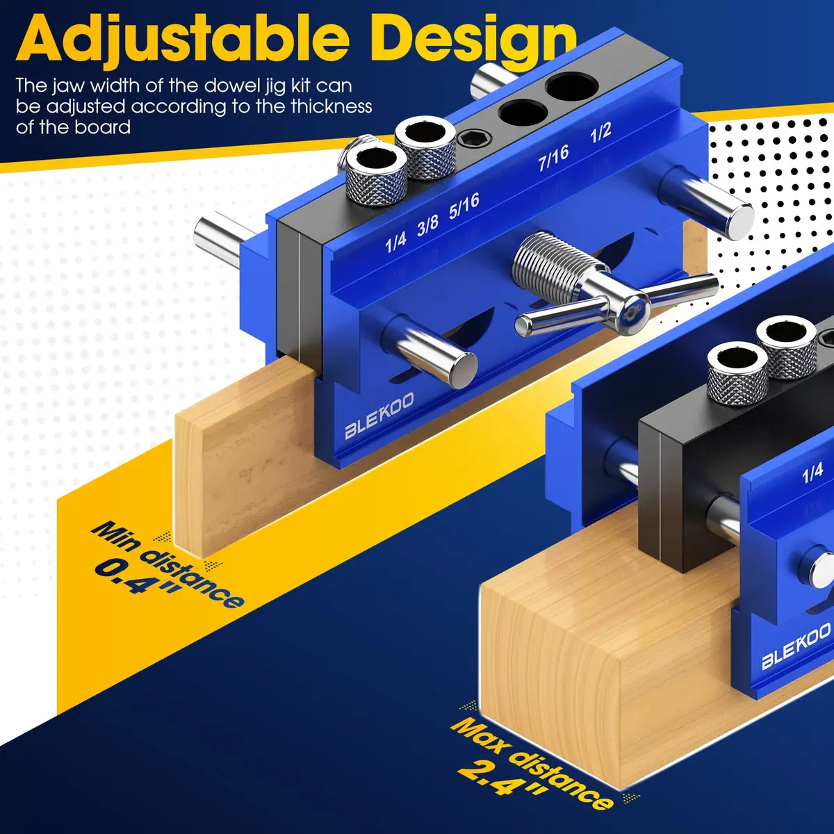 blekoo Self Centering Doweling Jig Kit with 6 Drill Guide Bushings, Blue | Precision Woodworking Tool for Straight Holes - view 3