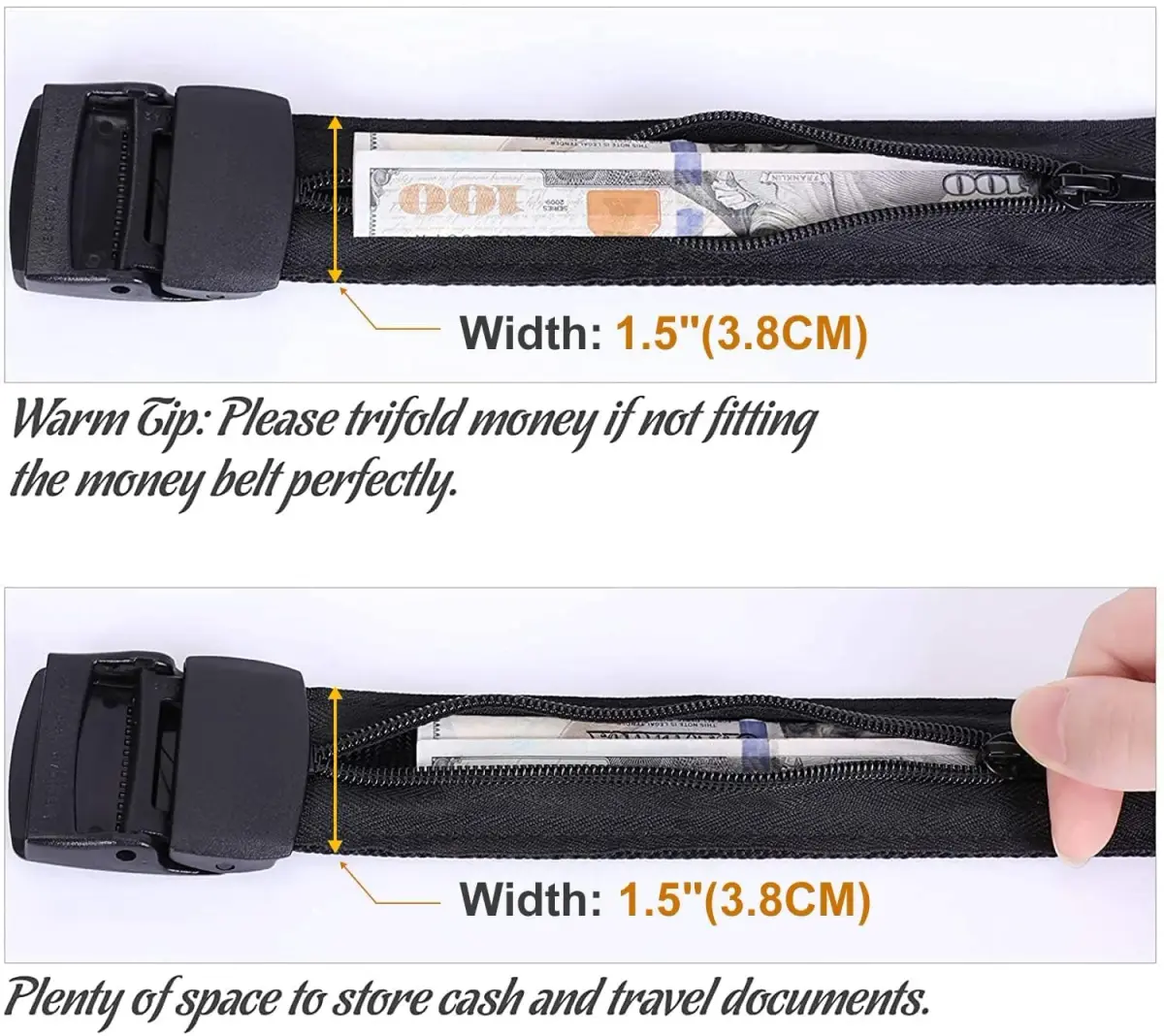 JASGOOD Dark Brown Travel Security Money Belt with Hidden Pocket - Unisex Nylon, Fits Pant Sizes 44-50" - view 3