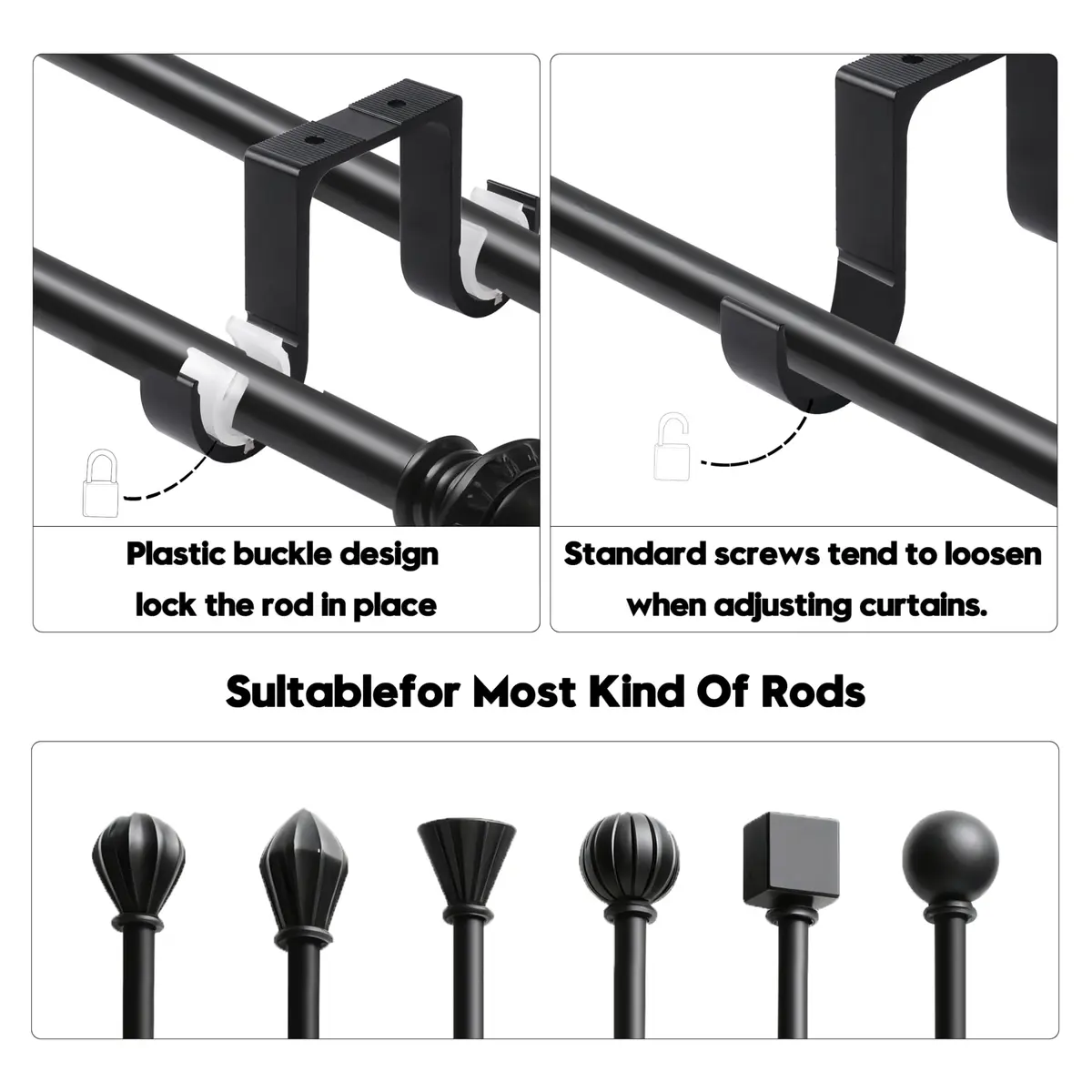 AddGrace Heavy Duty Double Ceiling Curtain Rod Holders 4 Pack Black | Mounts Curtains Securely - view 3