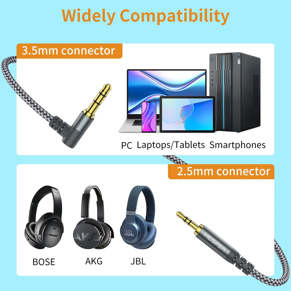 MCSPER 2-PACK 3.5mm to 2.5mm Aux Audio Cable 6.6FT | Gold-Plated, Tangle-Free, Compatible with Bose & JBL Headphones - view 2