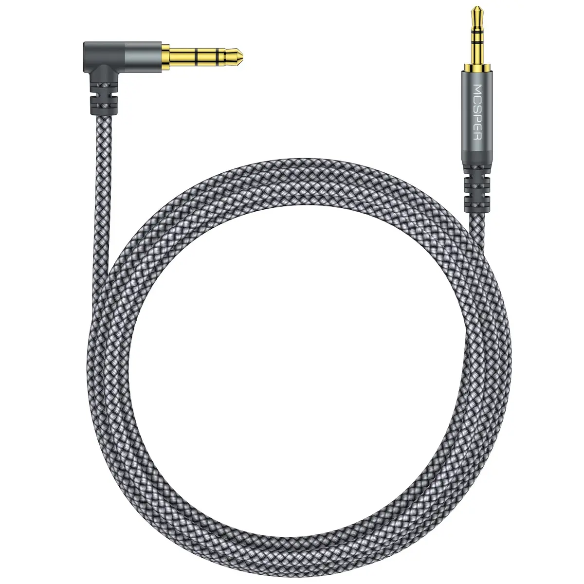 MCSPER 3.5mm to 2.5mm Aux Audio Cable 6.6FT | 90° Right Angle, Gold-Plated, Nylon Braided (6.6 feet, Grey) - main product image