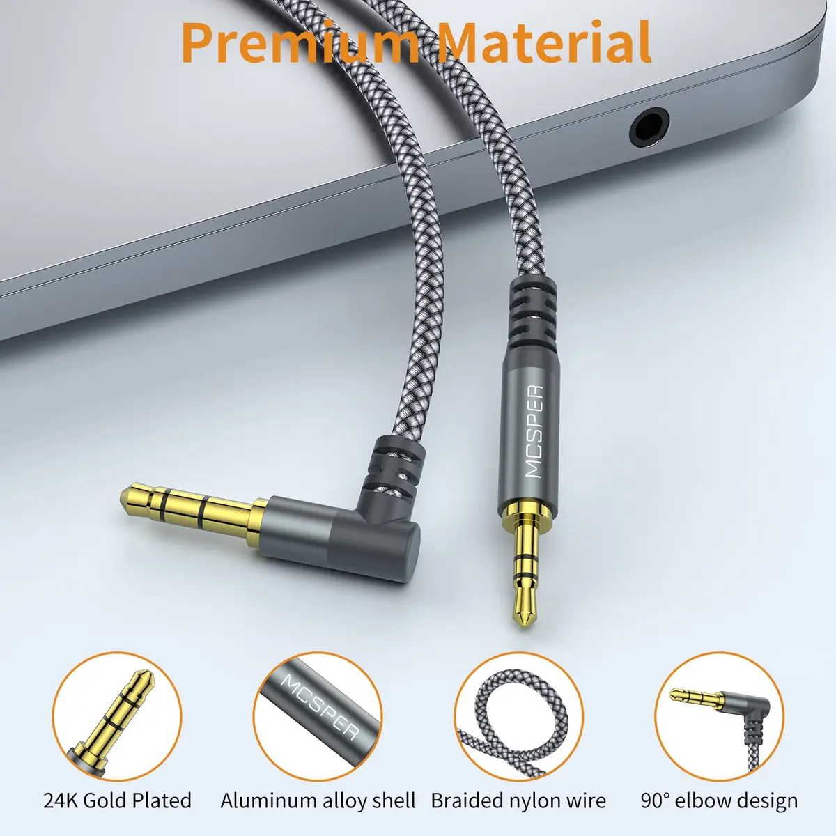 MCSPER 3.5mm to 2.5mm Aux Audio Cable 6.6FT | 90° Right Angle, Gold-Plated, Nylon Braided (6.6 feet, Grey) - view 4