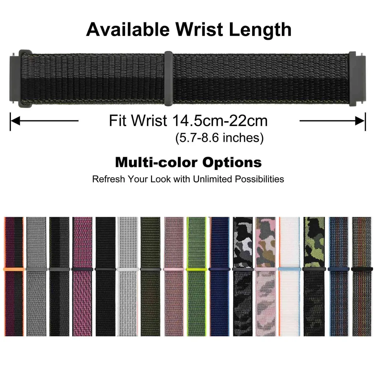 WOCCI 20mm Adjustable Nylon Watch Band | Quick Release Sport Loop Strap (Black/Grey) - view 6