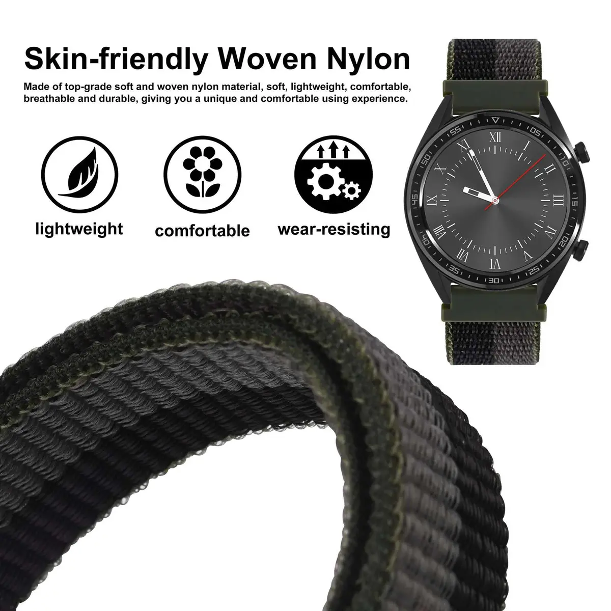 WOCCI 20mm Adjustable Nylon Watch Band | Quick Release Sport Loop Strap (Black/Grey) - view 2