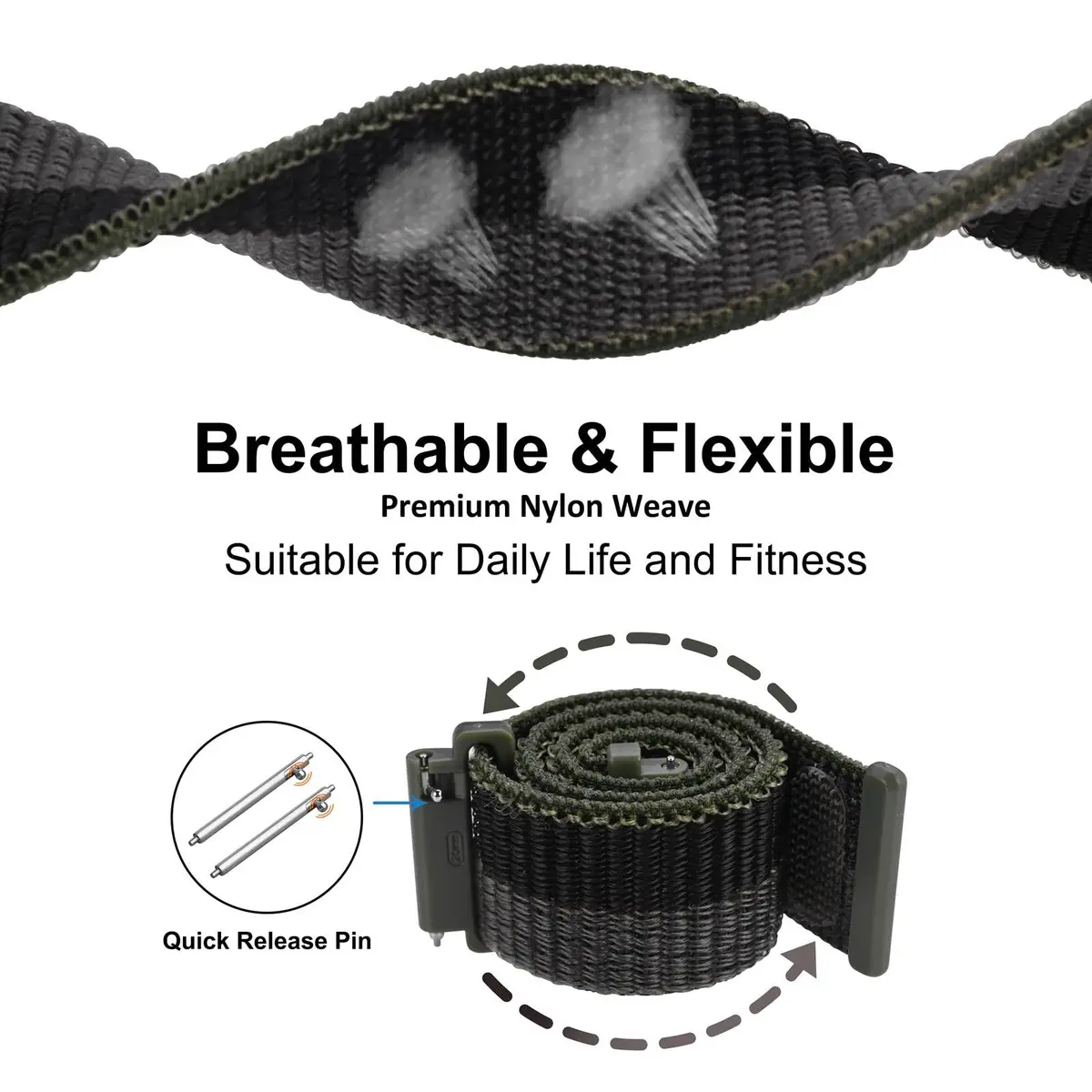 WOCCI 20mm Adjustable Nylon Watch Band | Quick Release Sport Loop Strap (Black/Grey) - view 3