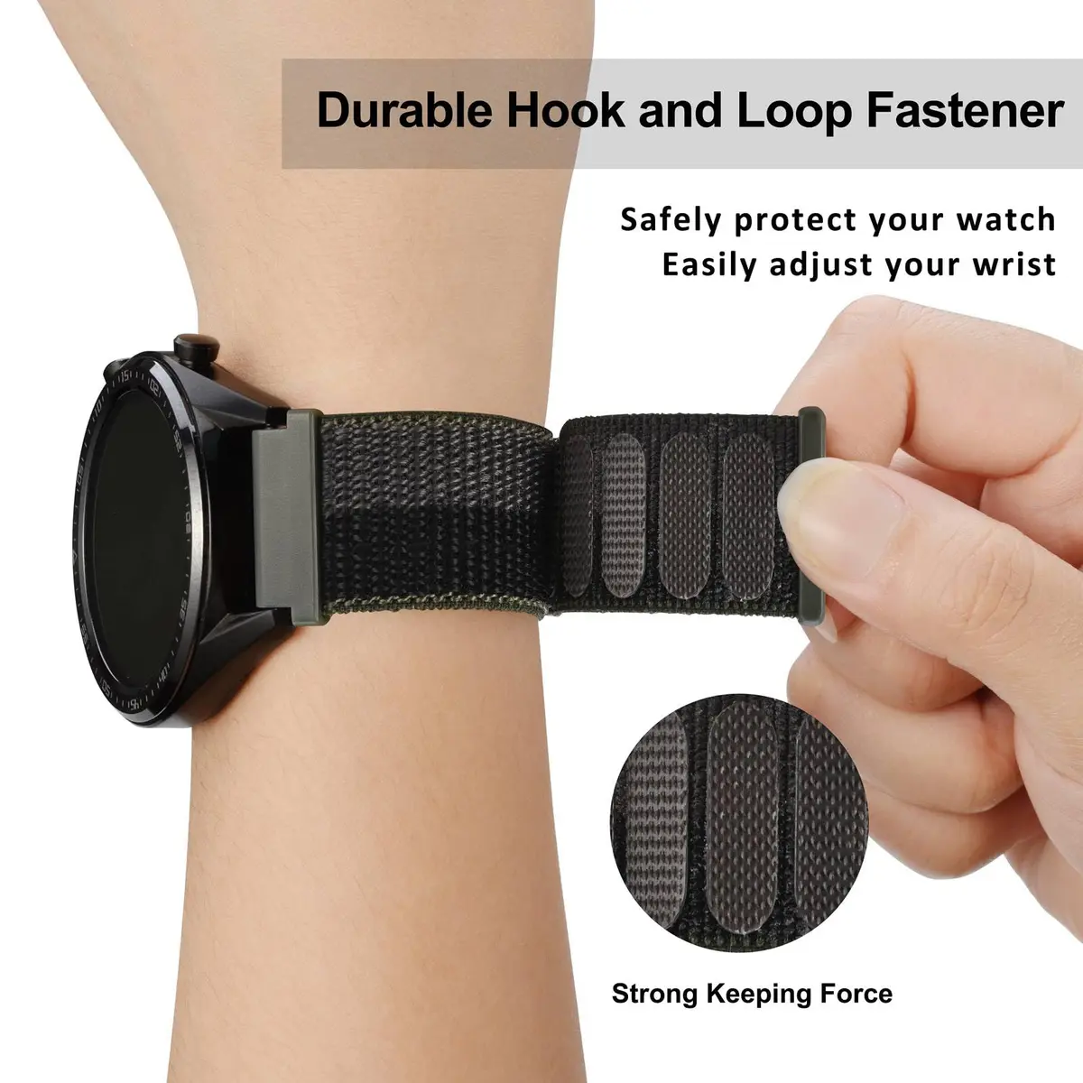 WOCCI 20mm Adjustable Nylon Watch Band | Quick Release Sport Loop Strap (Black/Grey) - view 4