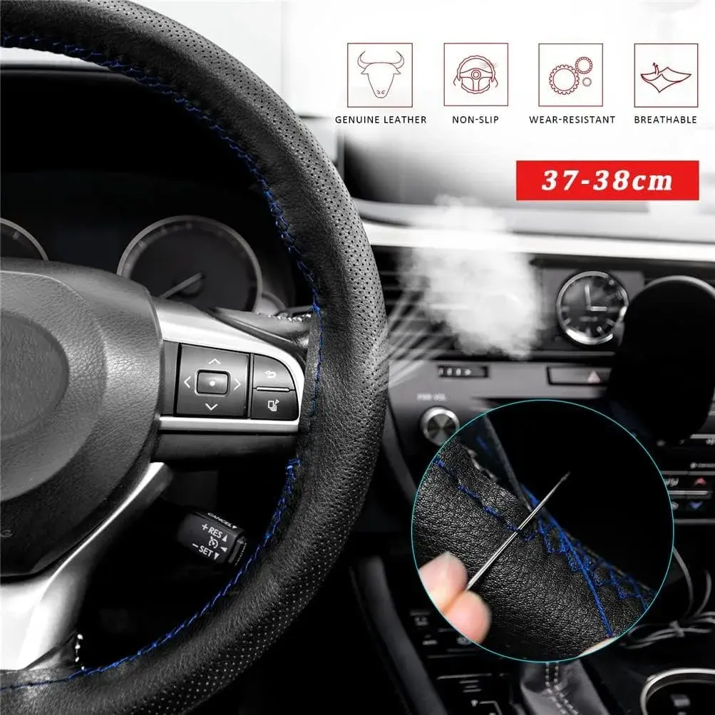 AUTOXBERT Genuine Leather DIY Steering Wheel Cover 38cm (15 Inch) | Blue, Hand-Sewn Wrap with Needles & Thread - view 2