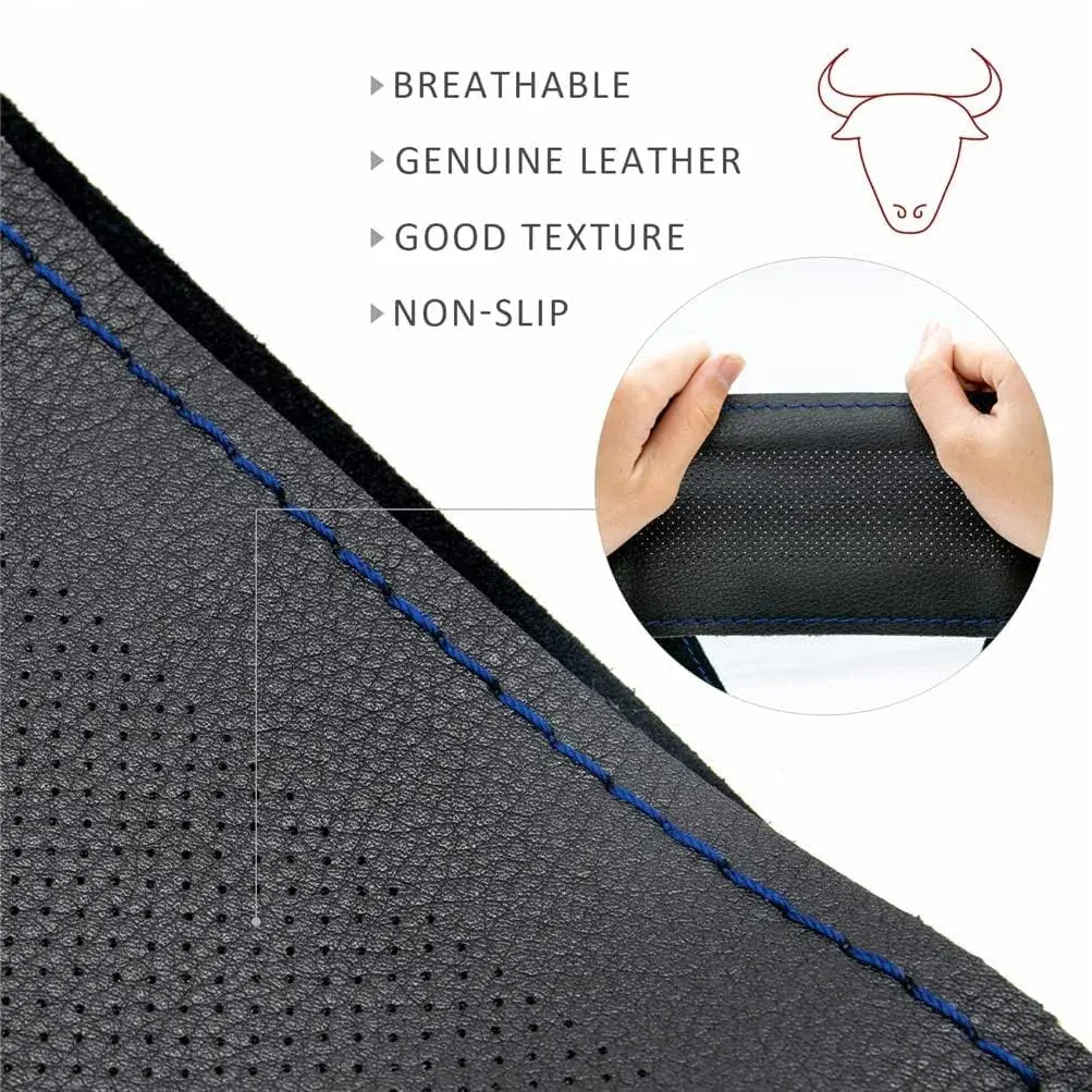 AUTOXBERT Genuine Leather DIY Steering Wheel Cover 38cm (15 Inch) | Blue, Hand-Sewn Wrap with Needles & Thread - view 3