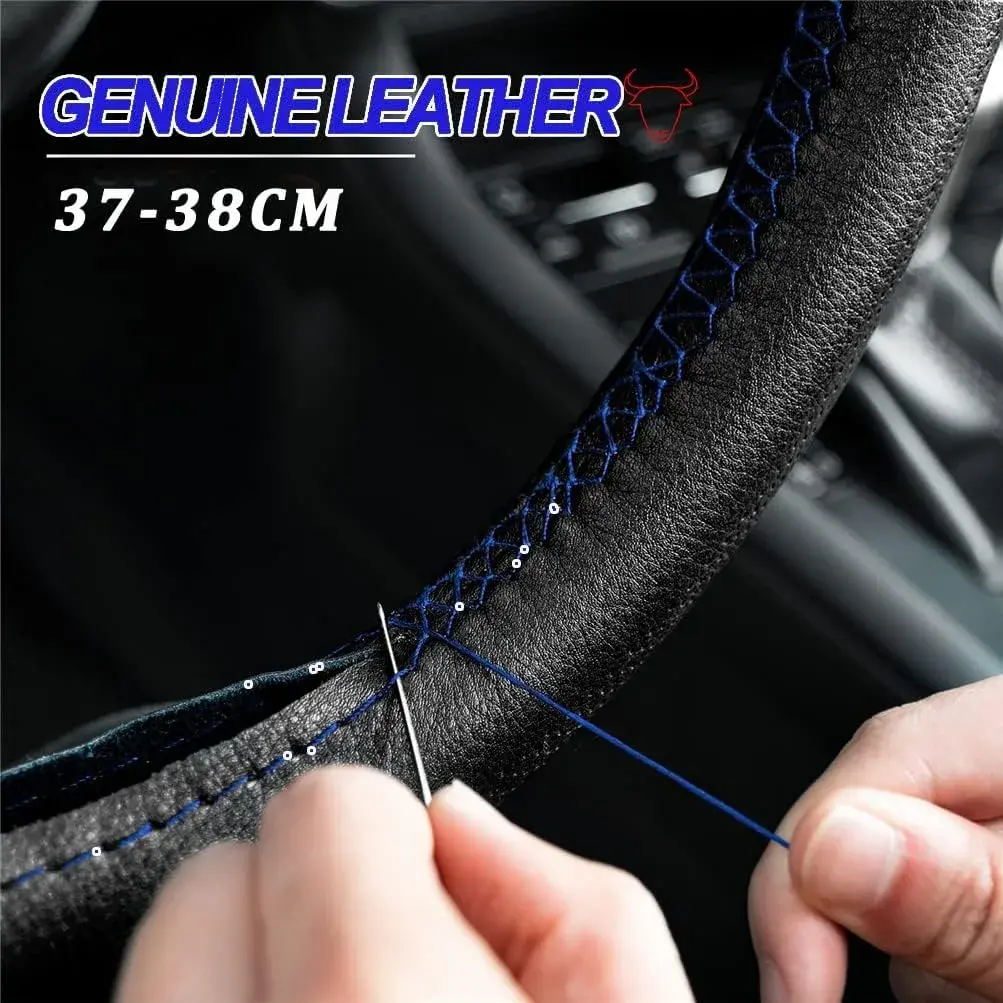 AUTOXBERT Genuine Leather DIY Steering Wheel Cover 38cm (15 Inch) | Blue, Hand-Sewn Wrap with Needles & Thread - view 4