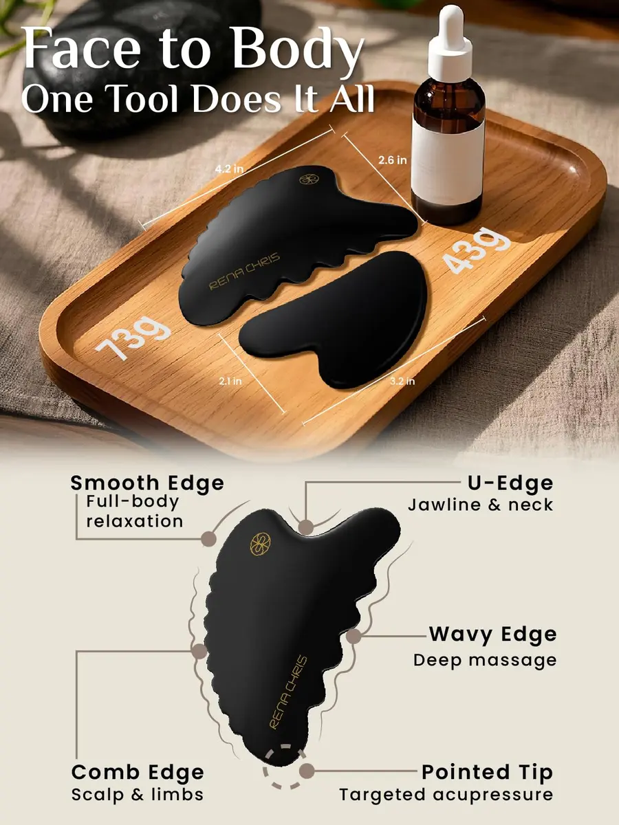 Rena Chris Body Gua Sha Tools, Natural BianStone Guasha Tool, Manual Massage Sticks for Jawline Sculpting and Puffiness Reducing, Whole Body Skin Care Massager (Black) | Traditional Chinese Medicine - view 2