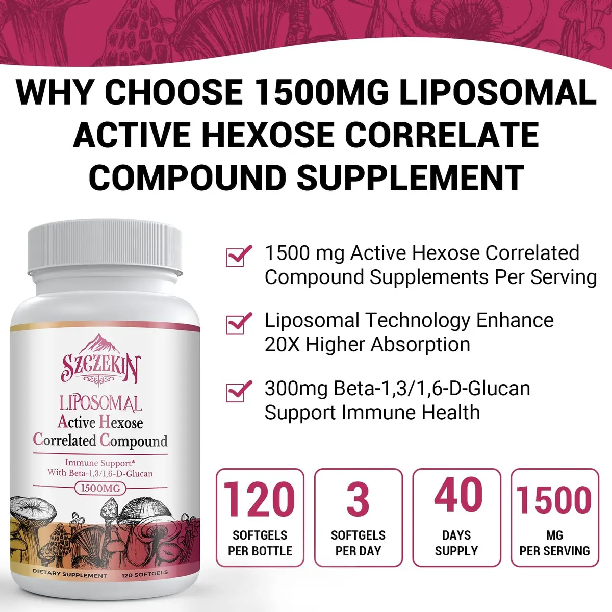 SZCZEKIN 1500mg Liposomal Active Hexose Correlated Supplement 120 Soft Gels | Mushroom & Beta-Glucans Support - view 3