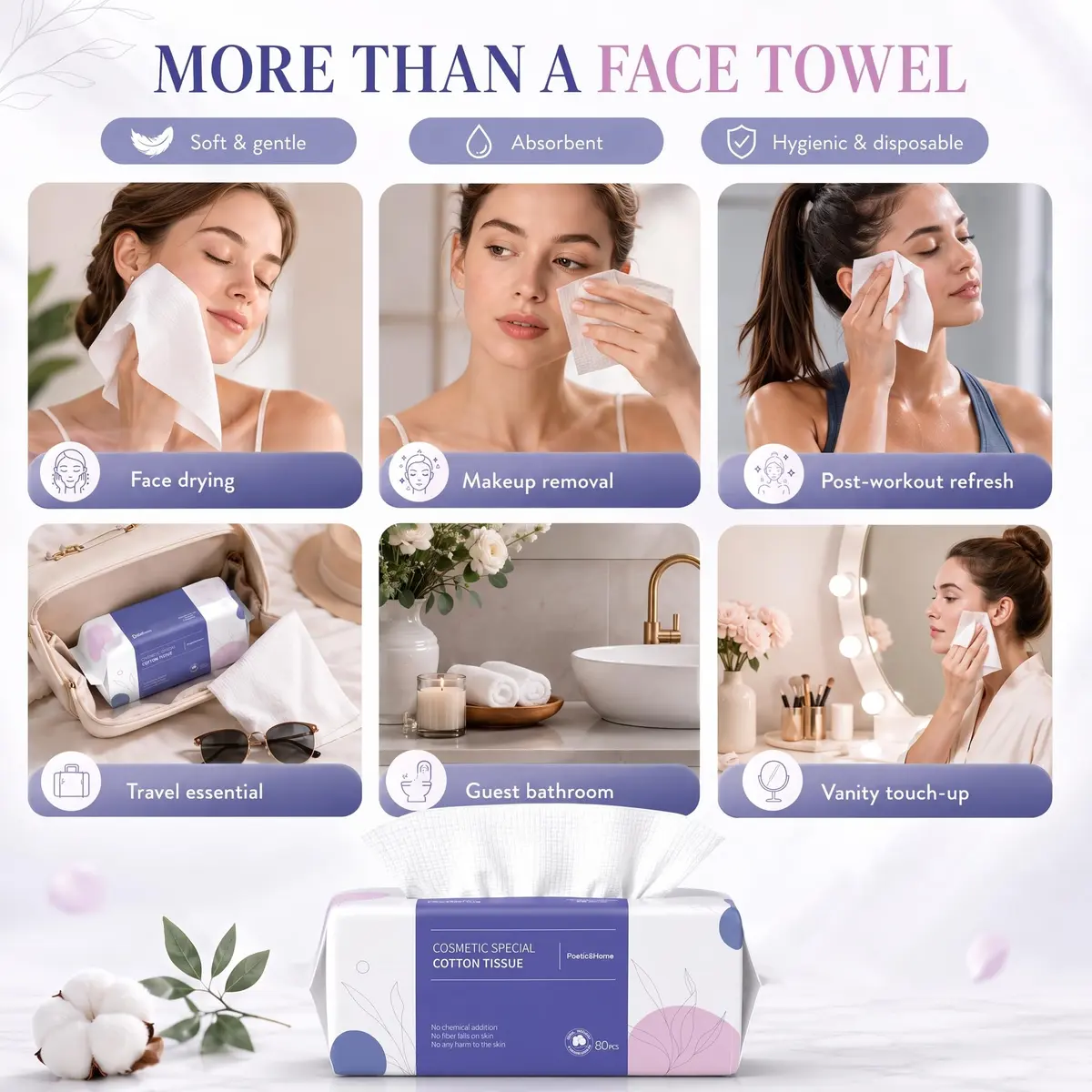 PoeticEHome Disposable Face Towels, 80 Count | Thick & Soft Cotton, Double-Sided for Daily Use - view 5