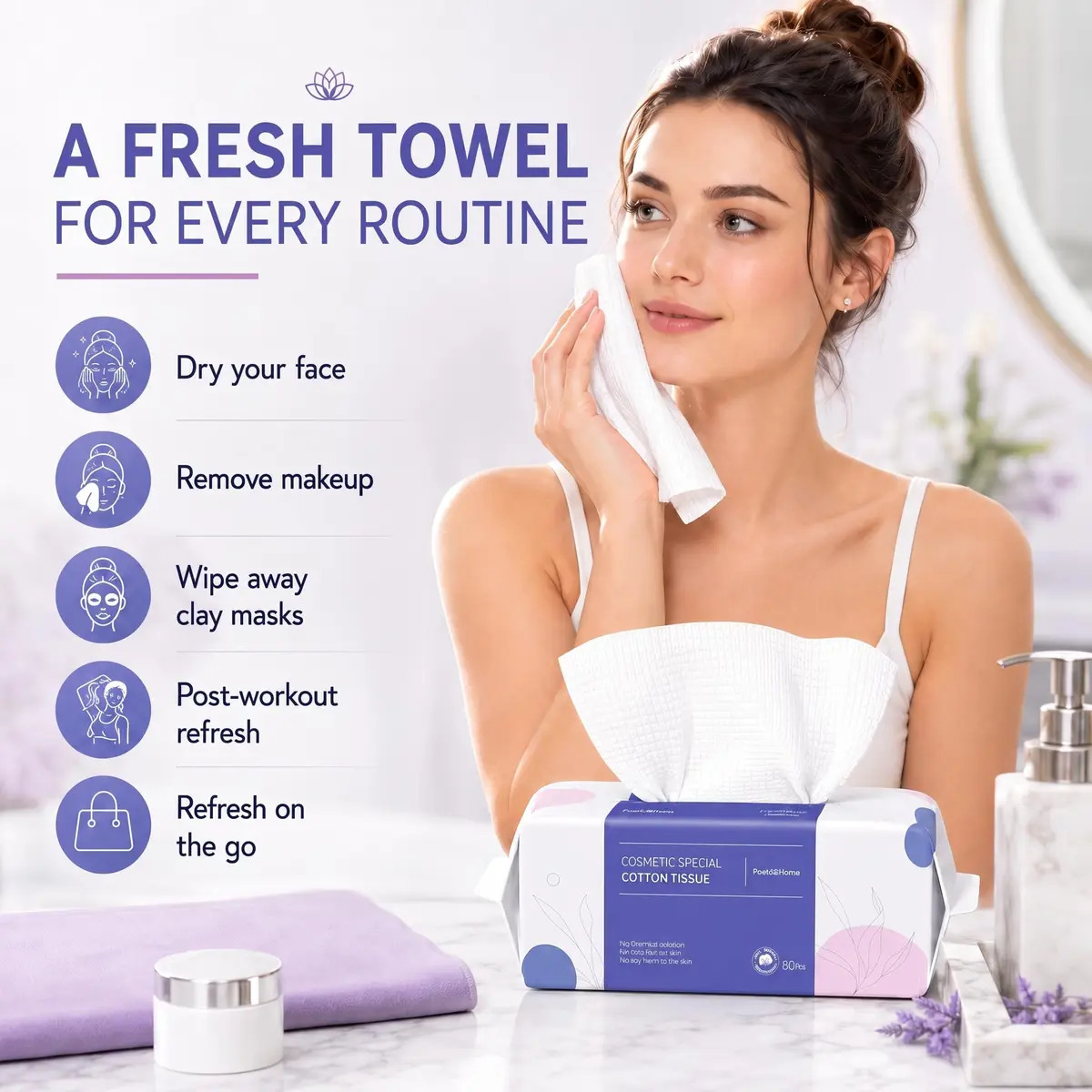 PoeticEHome Disposable Face Towels, 80 Count | Thick & Soft Cotton, Double-Sided for Daily Use - view 2