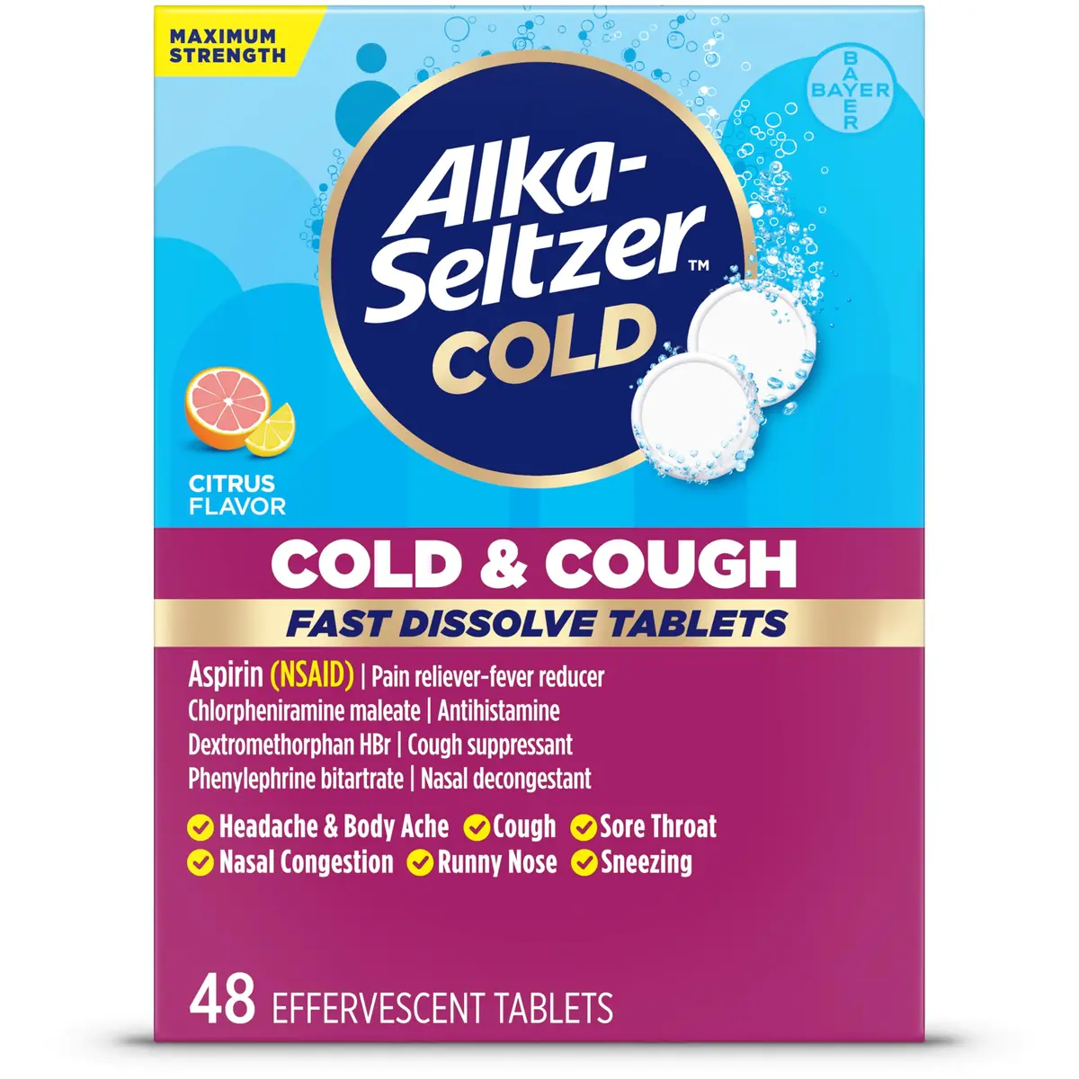 ALKA-SELTZER PLUS Cold & Cough Max Strength Tablets 48 Count | Fast Dissolve Relief for Adults & Children 12+ - main product image